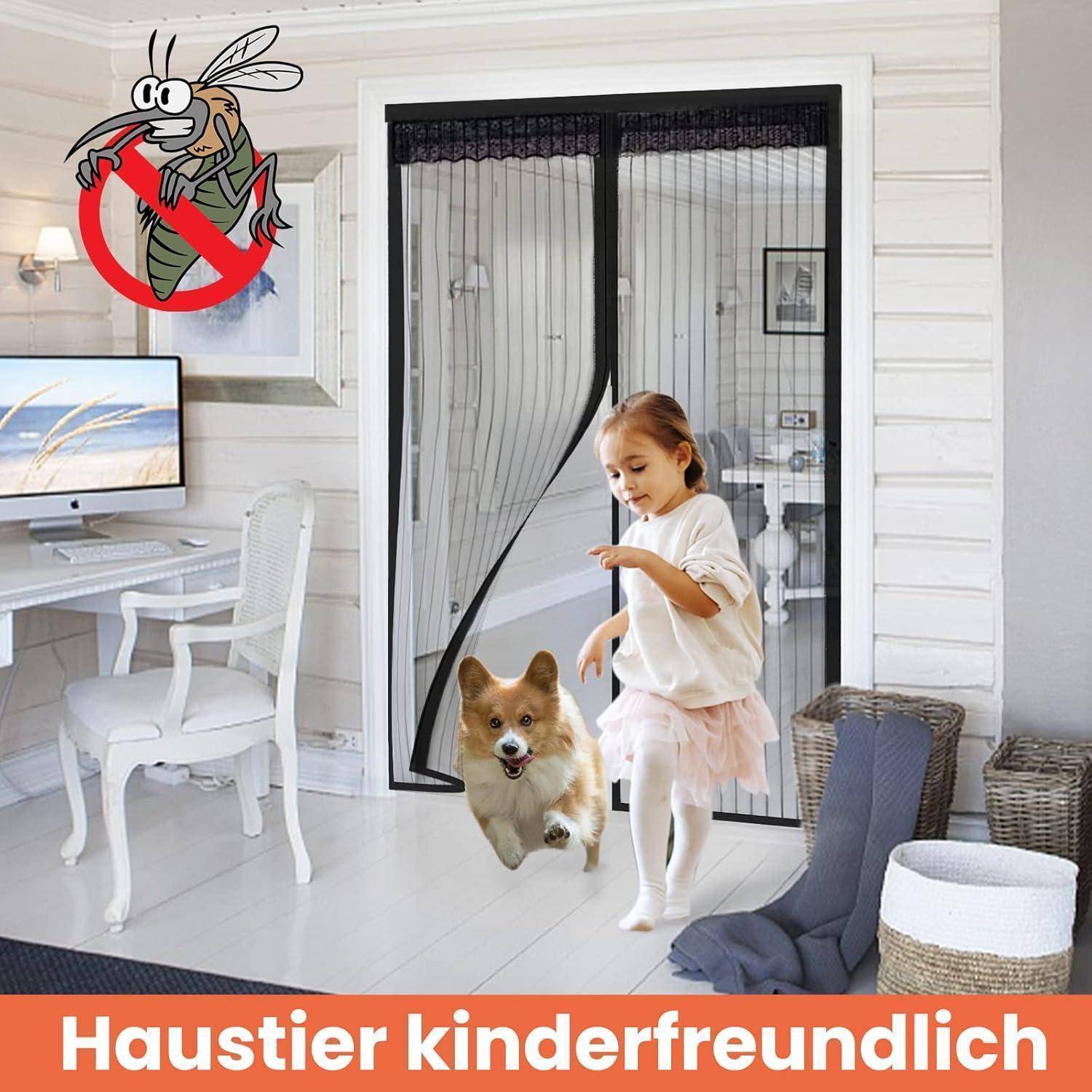 Kind spielt mit einem Corgi im Haus; Moskito durchgestrichen und der Text „Haustier kinderfreundlich