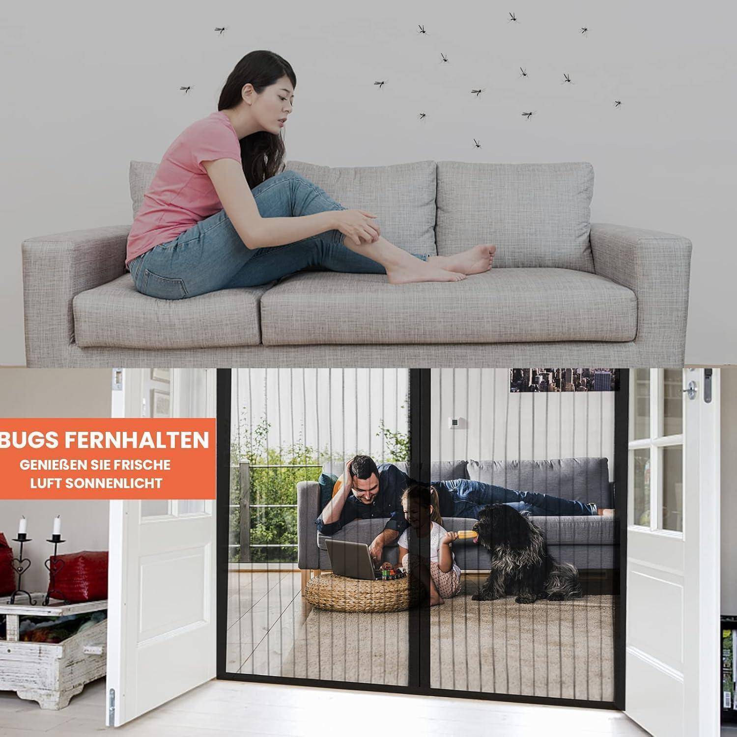 Geteiltes Bild zeigt eine Frau auf einem Sofa mit fliegenden Insekten oben und einer Maschennetztür, die Bugs draußen hält, während Menschen drinnen entspannen.