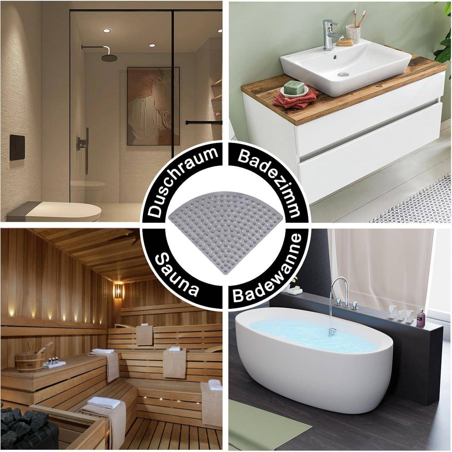 Collage eines Spa-Badezimmers mit Dusche, Waschbecken, Sauna und Badewanne, gekennzeichnet mit "Duschraum"", ""Badezimmer"", ""Sauna"" und ""Badewanne"".