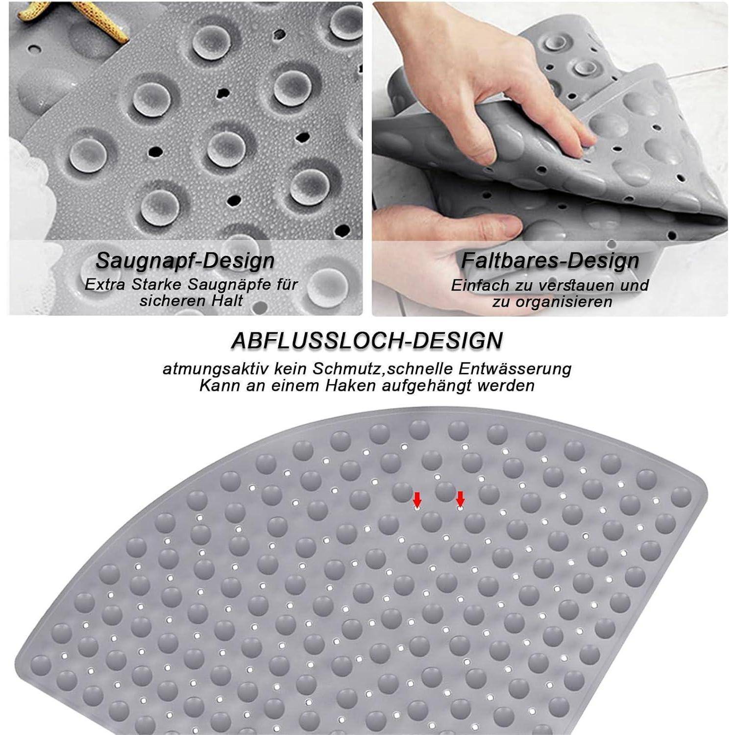 Graue Badewannenmatte mit Saugnäpfen und Abflusslöchern; der Text hebt den sicheren Halt, die Möglichkeit zur platzsparenden Lagerung und das atmungsaktive Schnellablauf-Design hervor.