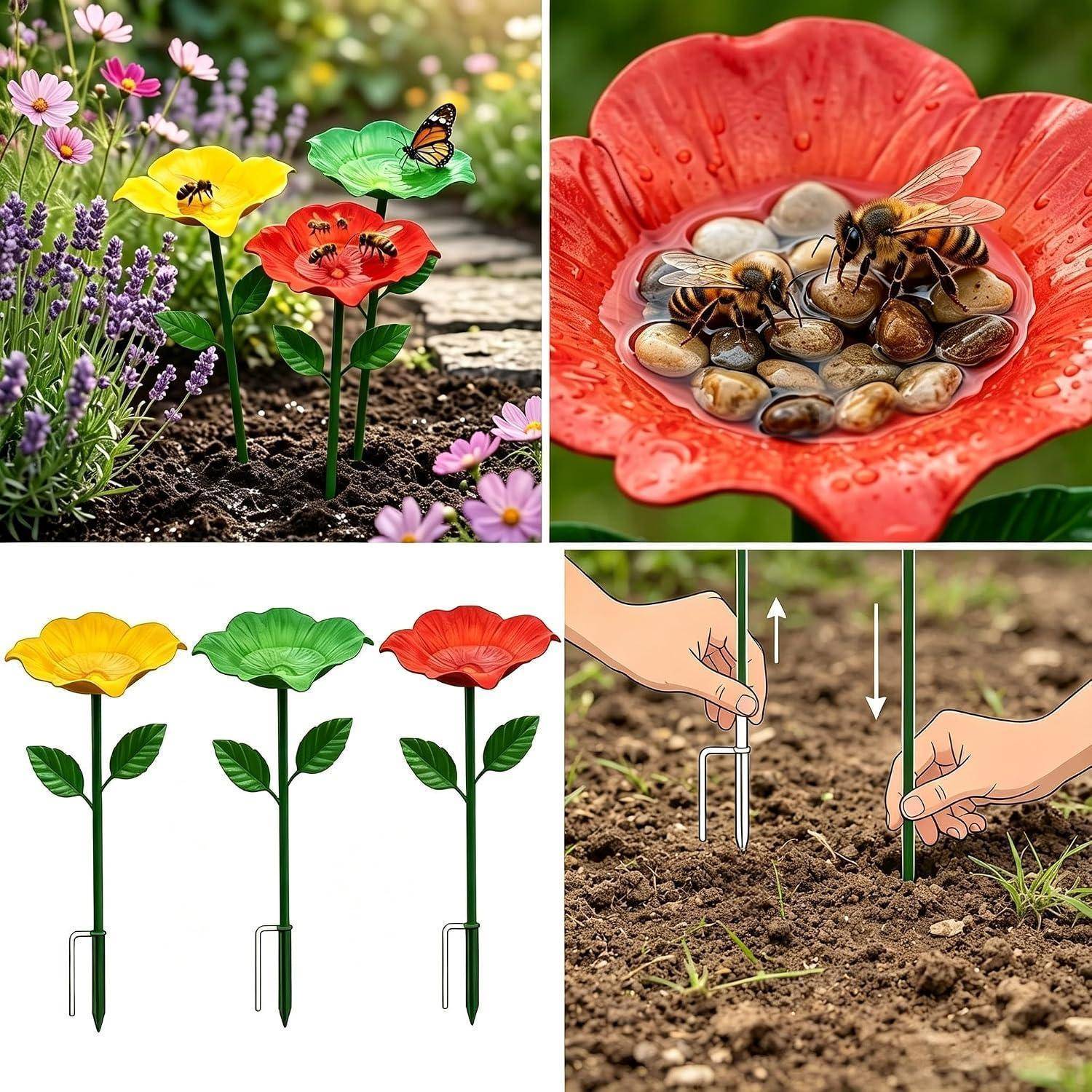 Vier-Panel-Gartenkonzept: bunte blumenähnliche Stöcke in einem Garten, eine Bienentrinkstation in einer roten Blüte, Produktansicht der Stöcke und Hände beim Einsetzen eines Stabs in die Erde.