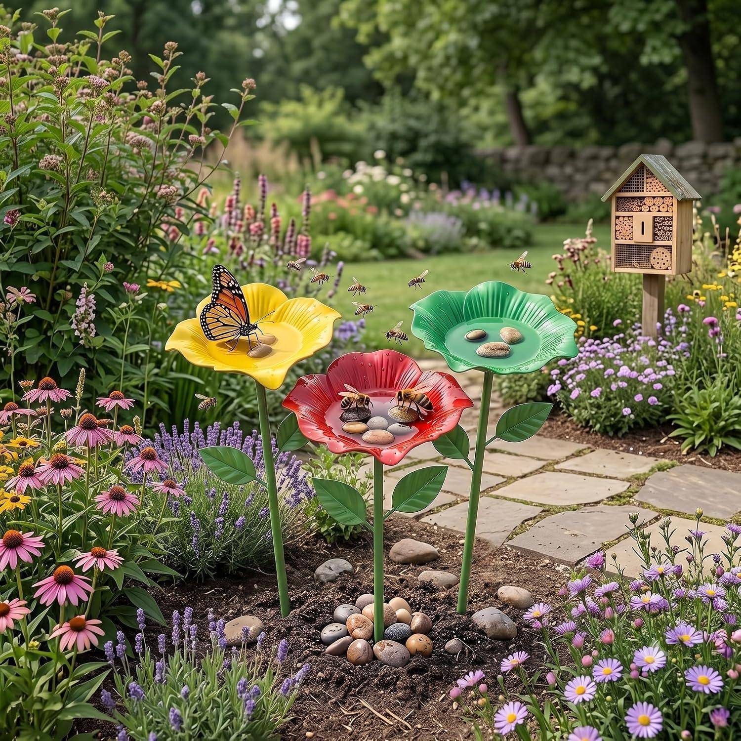 Bunter Garten mit blumenförmigen Insektentränken in Gelb, Rot und Grün, ein Schmetterling auf einer Tränke und ein Vogelhaus neben einem Steinweg.