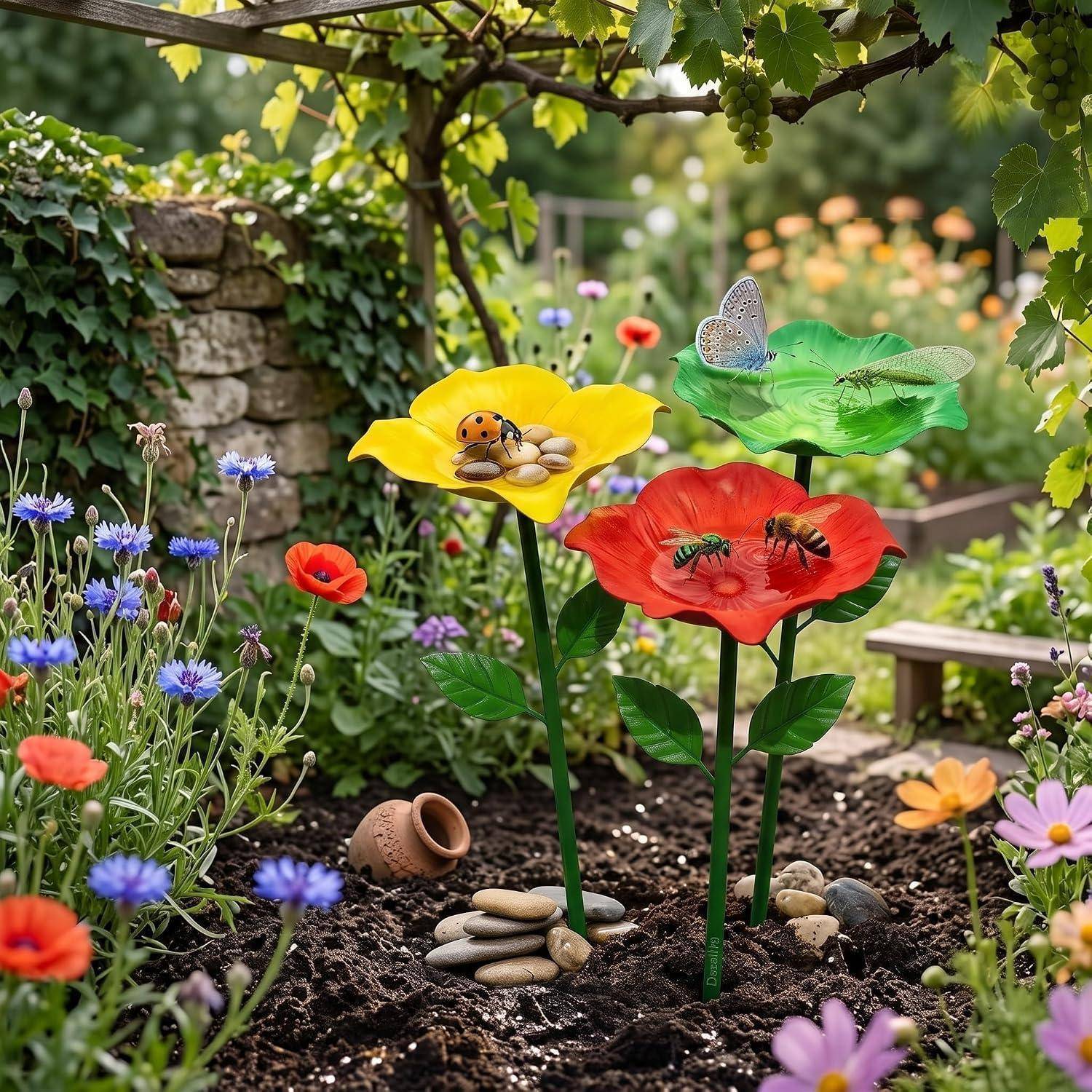Gartenszene mit bunten blumenförmigen Insektenfutterern oder Verzierungen, von denen jeder eine Biene oder einen Schmetterling hält, zwischen blühenden Blumen und Grünflächen.