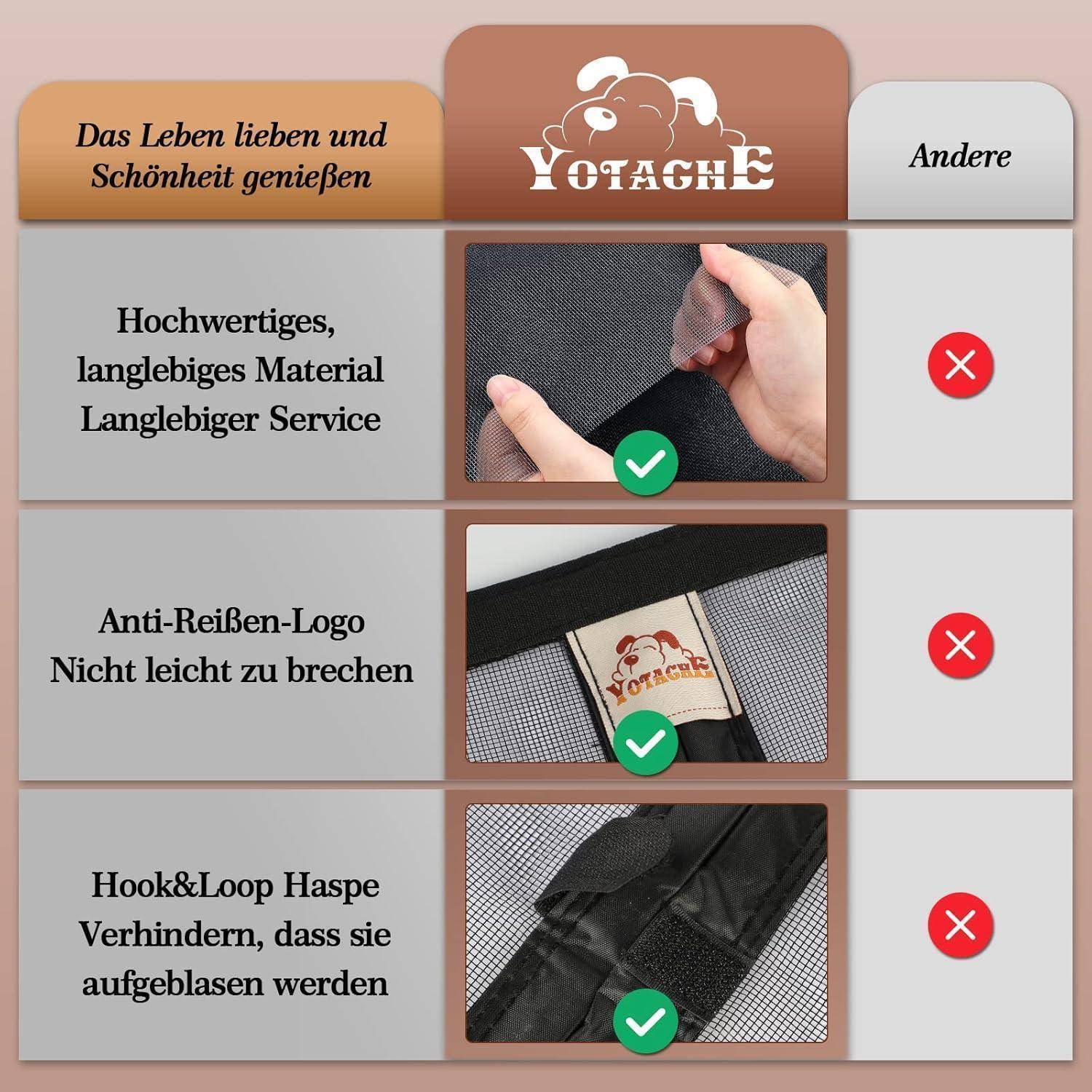 Vergleichstabelle, die die Qualität von YOTAGHE bewirbt: langlebiges Material, reißfestes Logo und Klettverschluss; „Andere