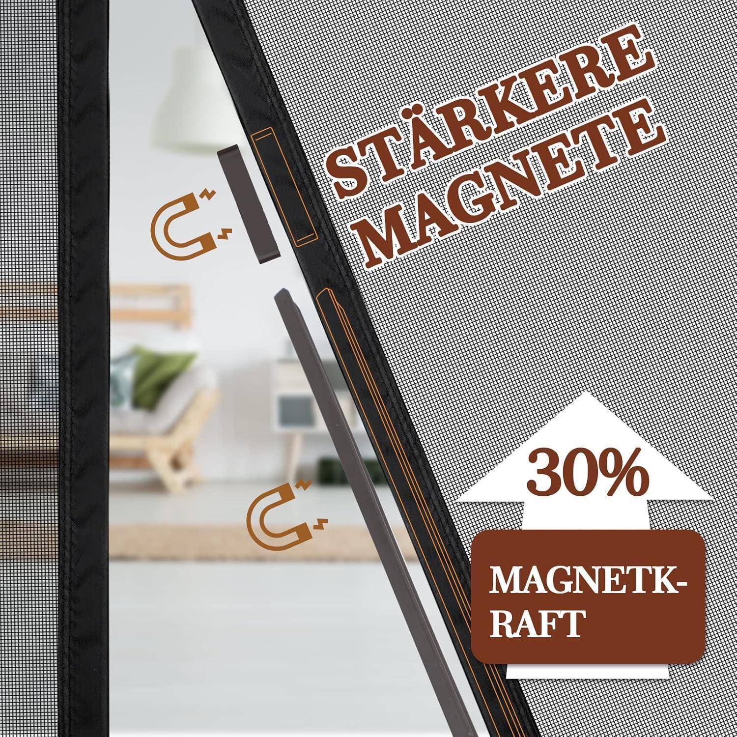 Nahaufnahme eines magnetischen Fensternetzes mit einem starken Magneten, beschriftet mit „Stärkere Magnete
