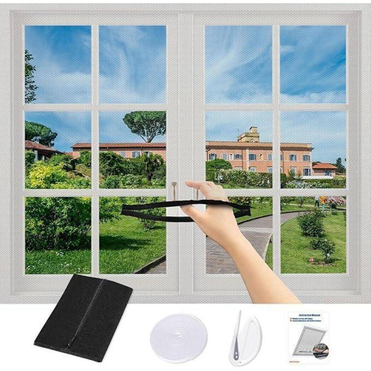 Magnetisches Fliegengitter-Set wird am Fenster installiert, mit Netz, Klebeband, Schneider und Anleitung unten dargestellt.