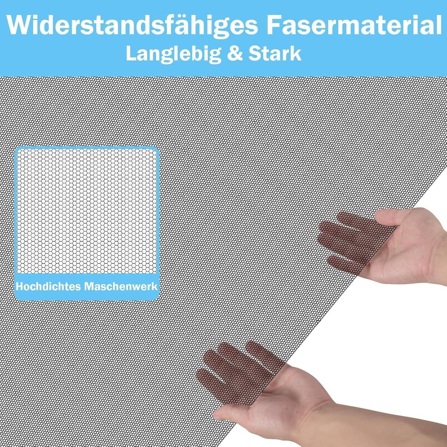 Nahaufnahme von haltbarem hochdichtem Maschengewebe mit Händen, die es halten, um die Festigkeit zu zeigen; der Text lautet „Widerstandsfähiges Fasermaterial