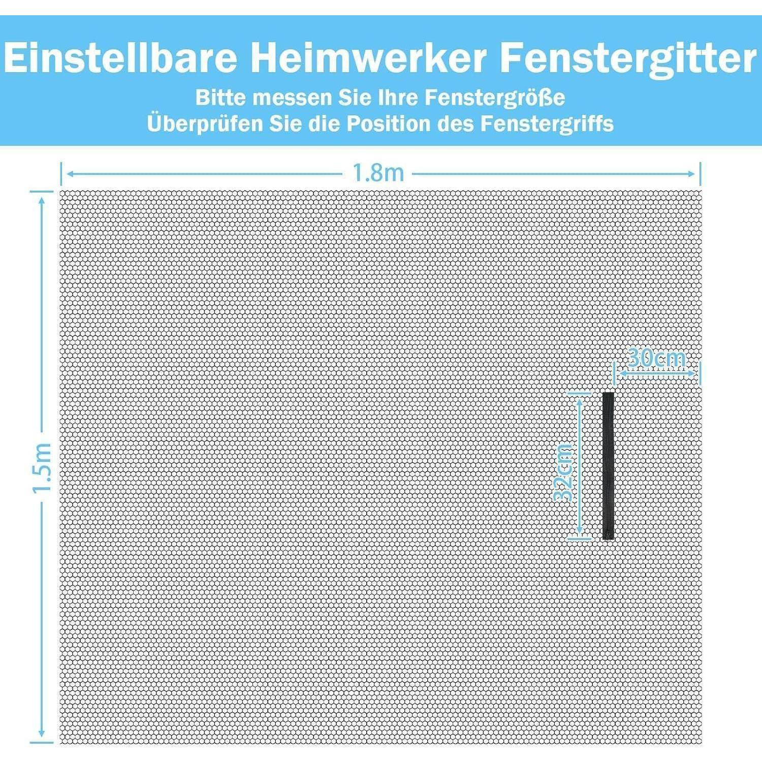 # Diagramm eines verstellbaren Heimfenster-Fliegengitters mit deutscher Beschriftung, das ein 1,8 m × 1,5 m Netzpaneel mit einer 30 cm Grifföffnung und einer 22 cm Griffposition zeigt.