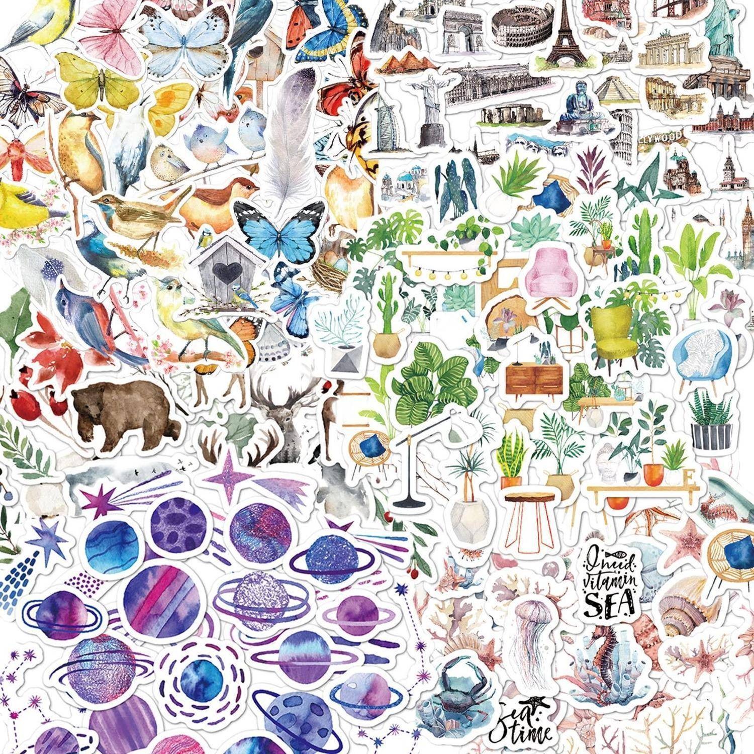 Bunte Collage aus aquarellartigen Aufklebern: Schmetterlinge, Vögel, Pflanzen, Möbel, Planeten, Meereslebewesen und Reiseziele auf weißem Hintergrund.