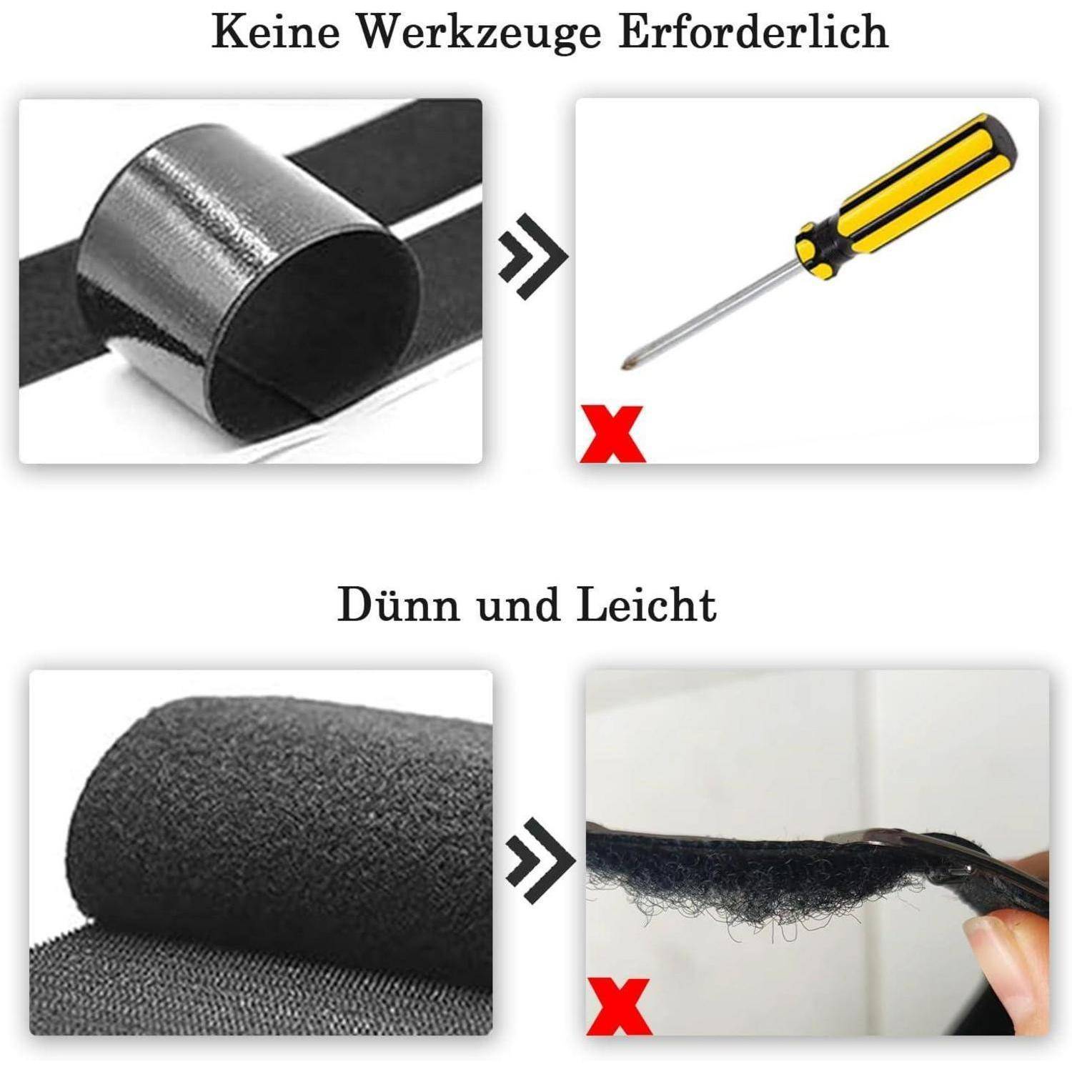 Deutsche Infografik zeigt, dass Klettband keine Werkzeuge benötigt und dünn und leicht ist; die Verwendung eines Schraubenziehers ist mit rotem X als falsch gekennzeichnet.