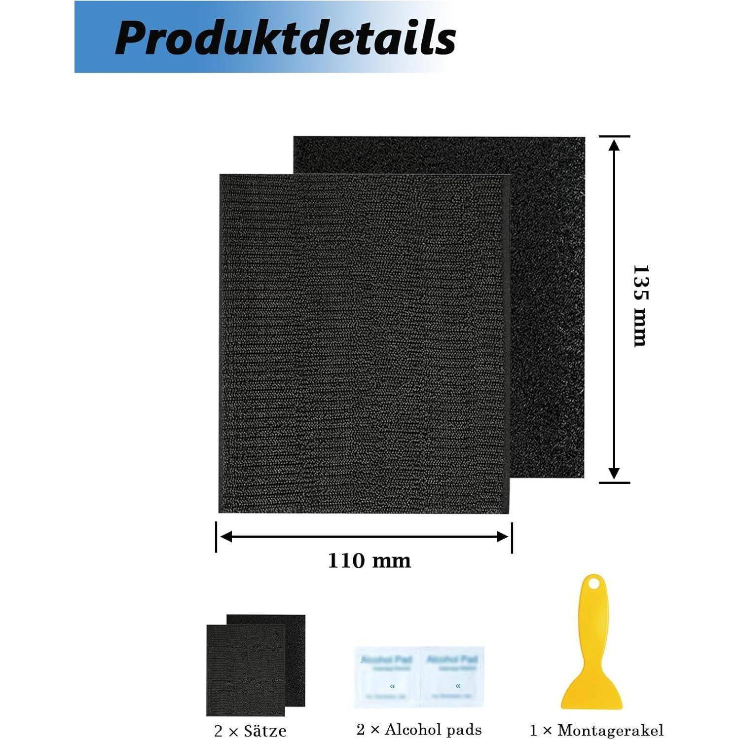 Produktdetails-Bild mit zwei schwarzen Pads von 110 mm Breite und 135 mm Höhe, plus 2 Alkoholtücher und 1 Montage-Rakel.