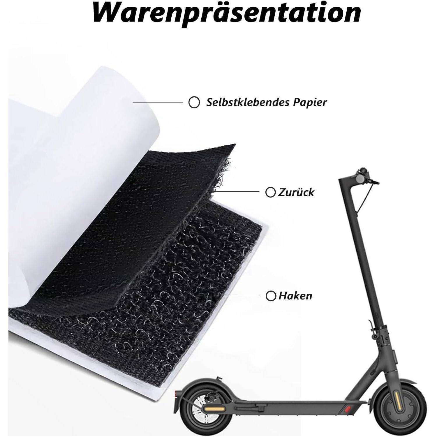 Diagramm der Roller-Materialien, das eine selbstklebende Papierschicht, eine Trägerfolie und einen Hakenverschluss auf einem schwarzen E-Roller zeigt.