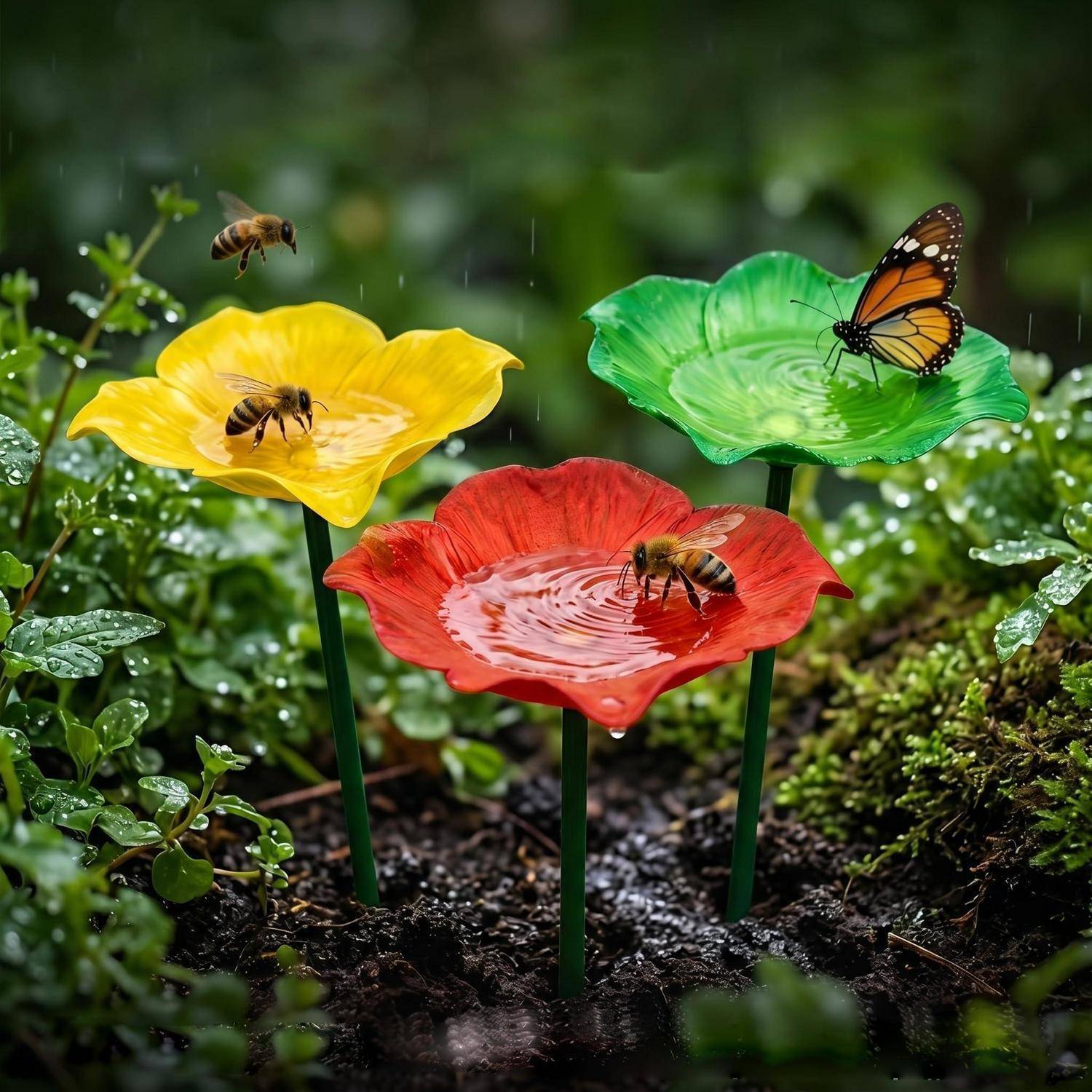 Bunte blütenförmige Futterstellen in einem Garten locken Bienen und einen Monarchfalter an, mit Regentropfen auf den Blütenblättern.