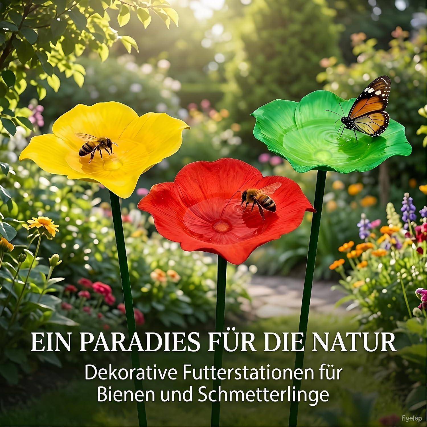 Dekorative Gartenfutterstationen mit Blumen, Bienen und einem Schmetterling; der deutsche Text lautet "Ein Paradies für die Natur"" und ""Dekorative Futterstationen für Bienen und Schmetterlinge"".