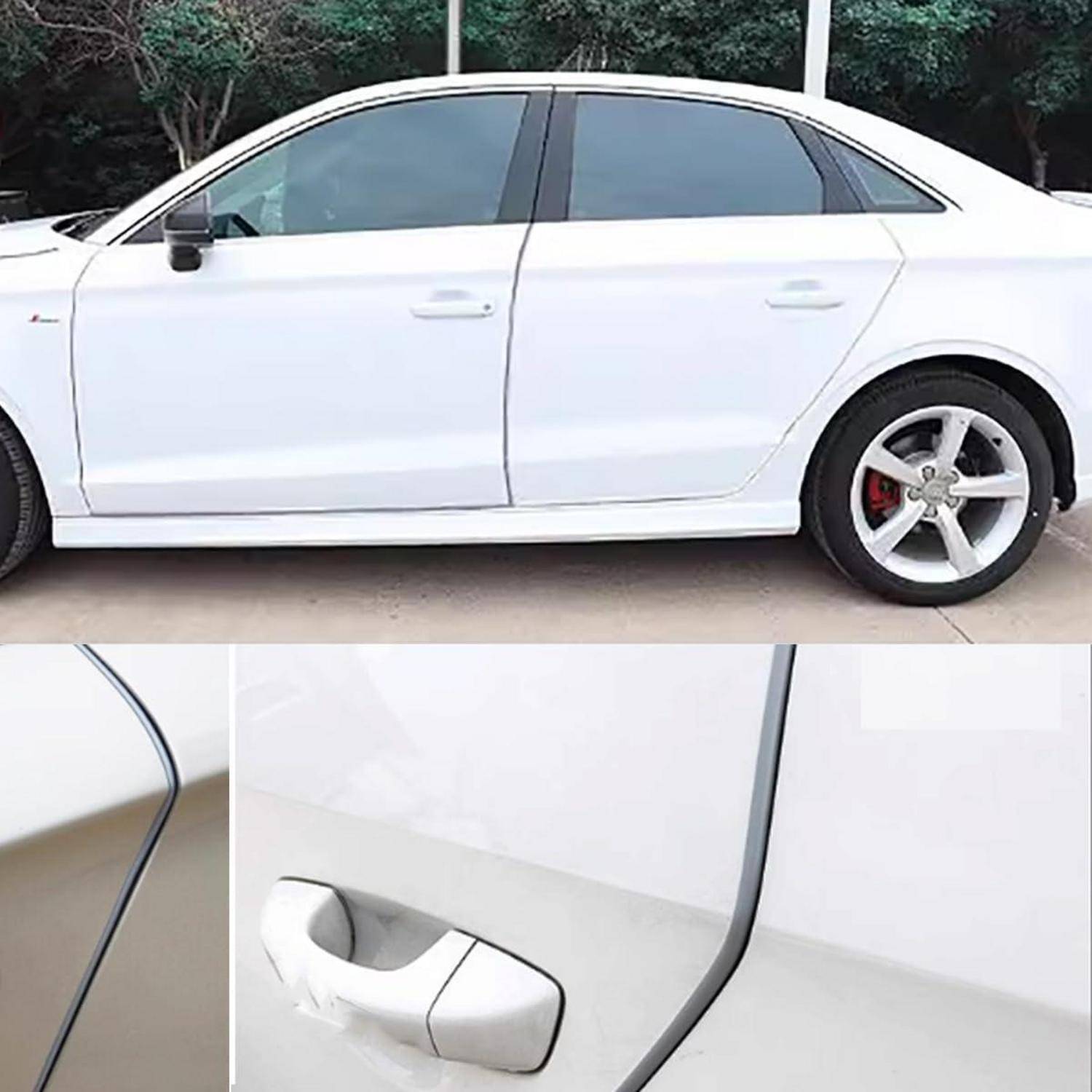 Weißer Limousine Seitenansicht mit vergrößerter Ausschnittsdarstellung des bündigen Türgriffs und der Türfuge, wobei das Griffdesign hervorgehoben wird.