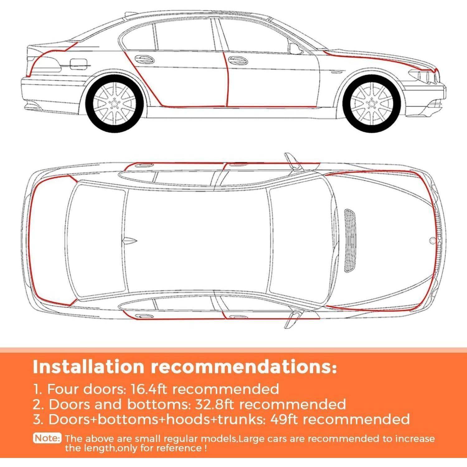 # Autodagaram mit rot hervorgehobenen Bereichen für die Installation von Schutzfolien an Türen, vorderen Kotflügeln, Haube, Kofferraum und Stoßfängern; enthält Installationslängenempfehlungen für viertürig, Türen+Unterseiten und vollständige Abdeckung.