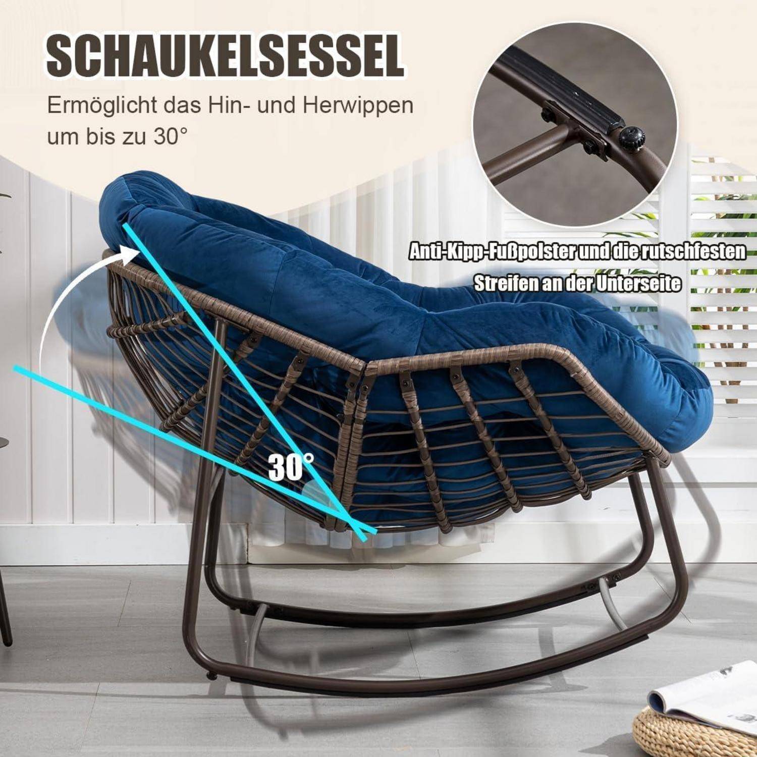 Blauer gepolsterter Hängeschaukel-Stuhl, der um 30 Grad geneigt gezeigt wird, mit Hervorhebung der rutschfesten Fußkissen und der rutschfesten Unterseite.