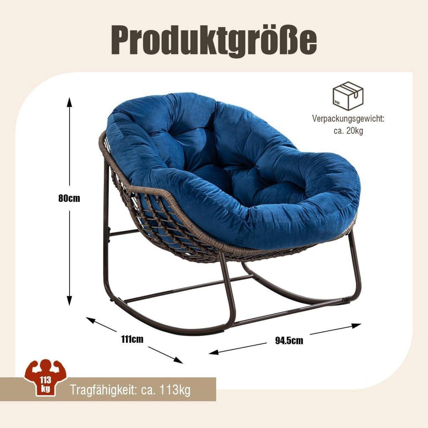Produktgrößendiagramm eines blauen gepolsterten Loungesesssels mit den Abmessungen 80 cm Höhe, 111 cm Breite, 94,5 cm Tiefe, Verpackungsgewicht etwa 20 kg, Tragfähigkeit etwa 113 kg.