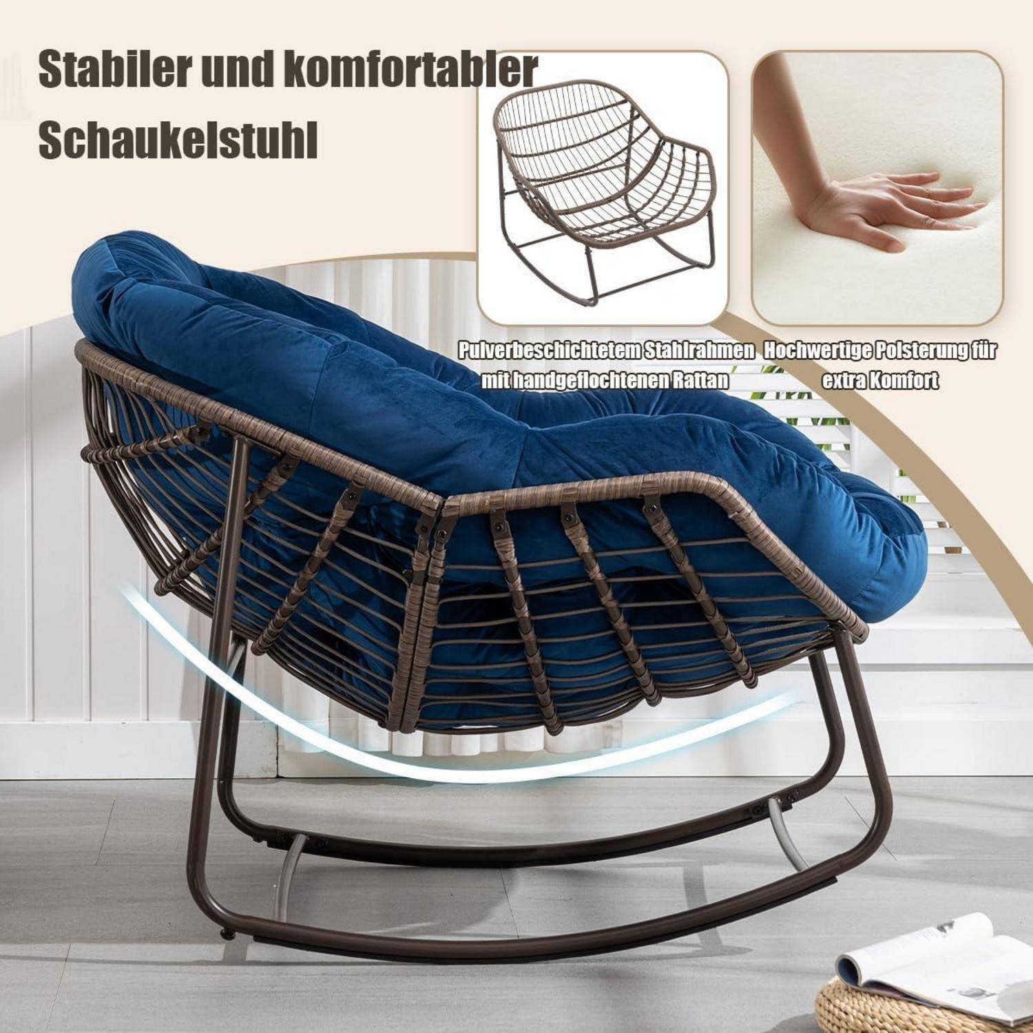 Blauer gepolsterter Schaukelstuhl mit handgewebtem Rattanstil-Rahmen; deutscher Text bewirbt einen stabilen, komfortablen Schaukelstuhl mit Stahlrahmen und zusätzlicher Polsterung.