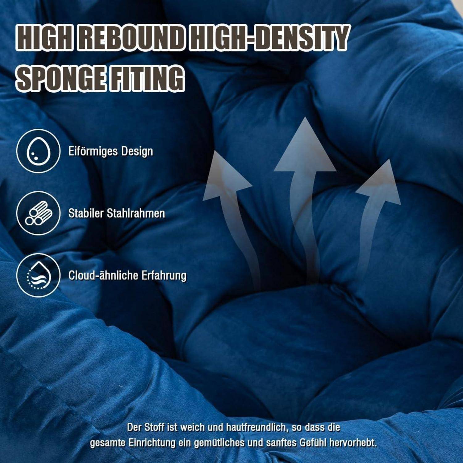 Werbebild eines weichen blauen Kissens mit aufwärts gerichteten Pfeilen, beschriftet mit „HIGH REBOUND HIGH-DENSITY SPONGE FITTING