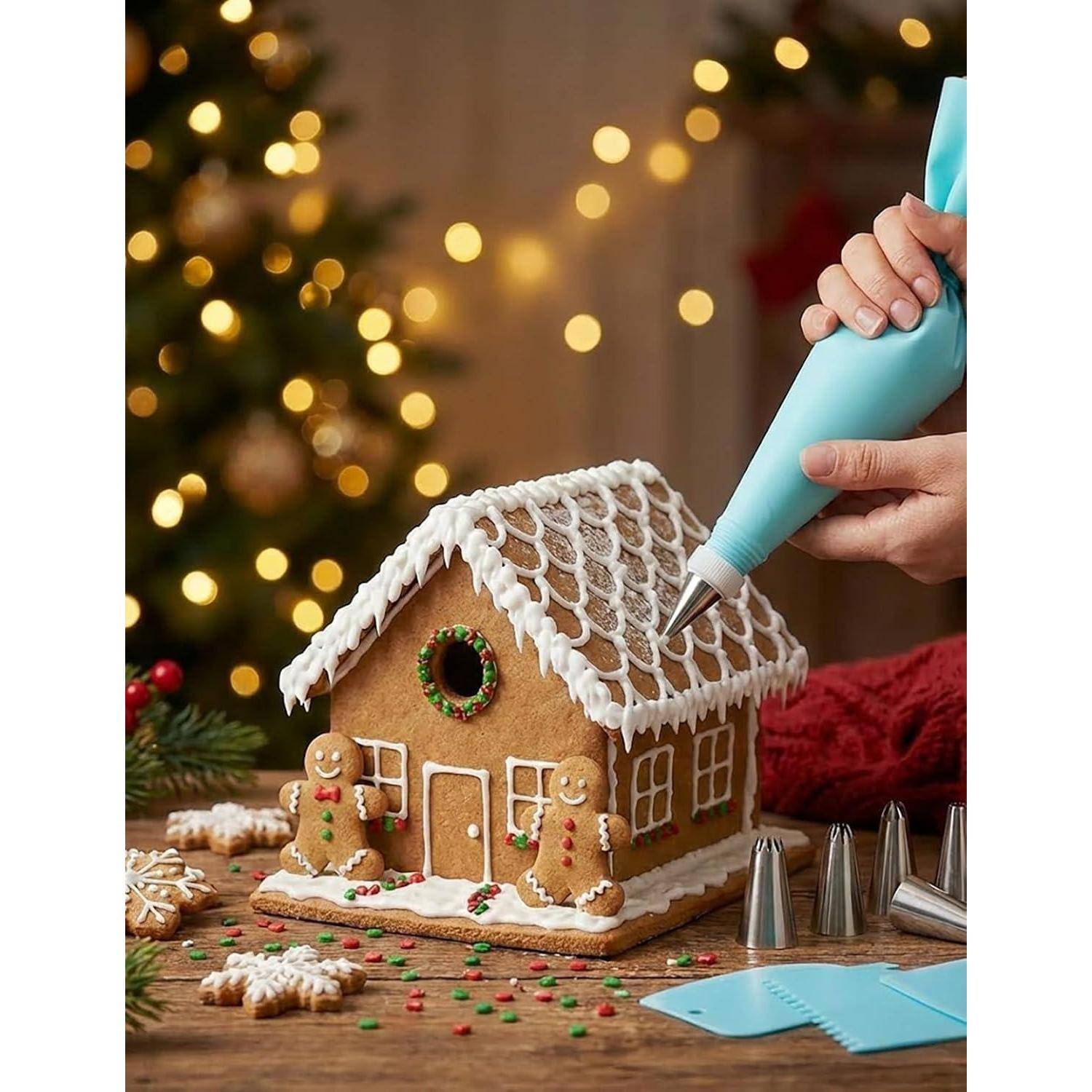 Hände spritzen weiße Zuckergussglasur auf ein Lebkuchenhaus-Dach und dekorieren es mit Süßigkeitendetails auf einem Weihnachtstisch.