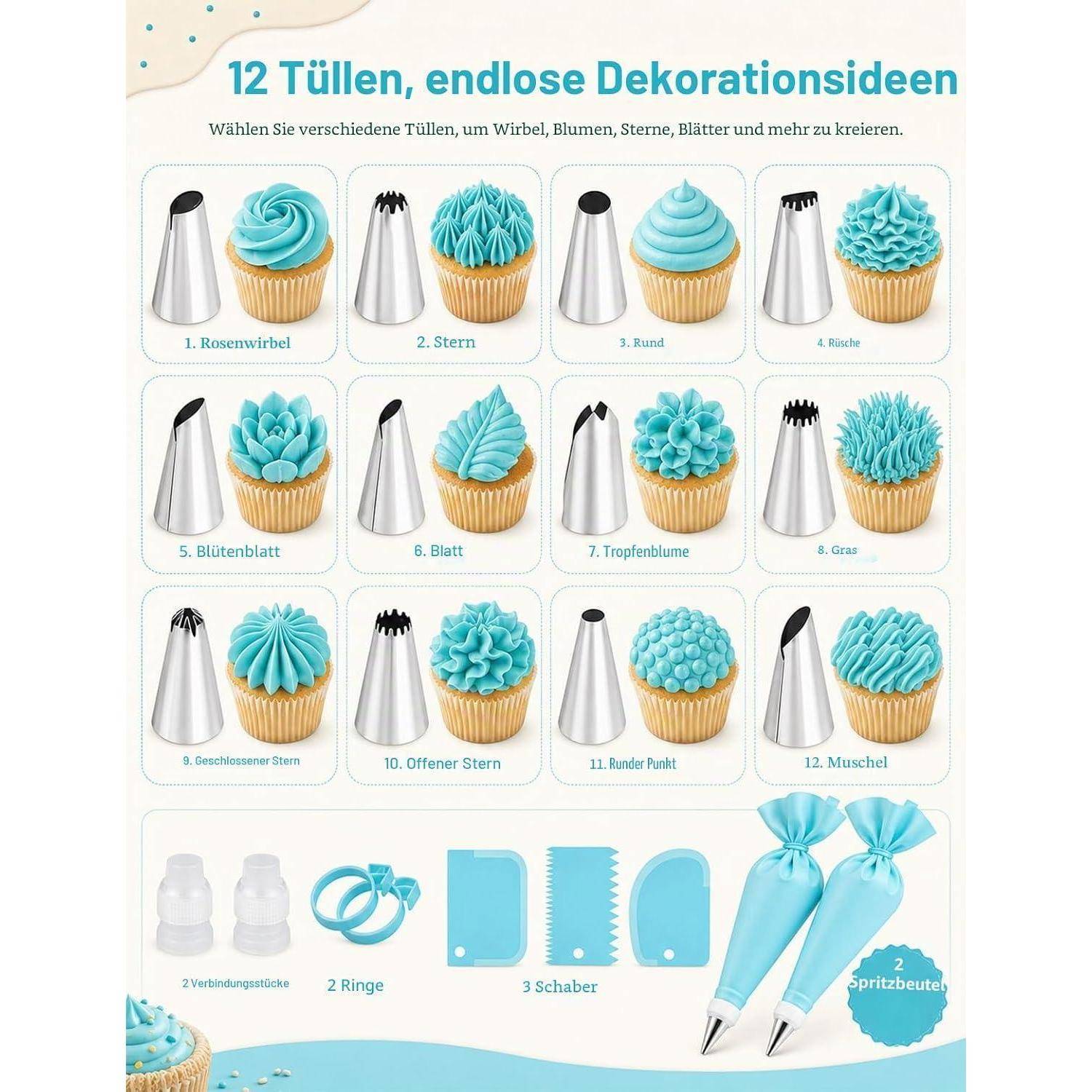 Deutsches Backanleitungshandbuch mit 12 Spritztüllendesigns zum Verzieren von Cupcakes, plus Verbindungsstücken, Ringen, Schabern und zwei Spritzbeuteln.