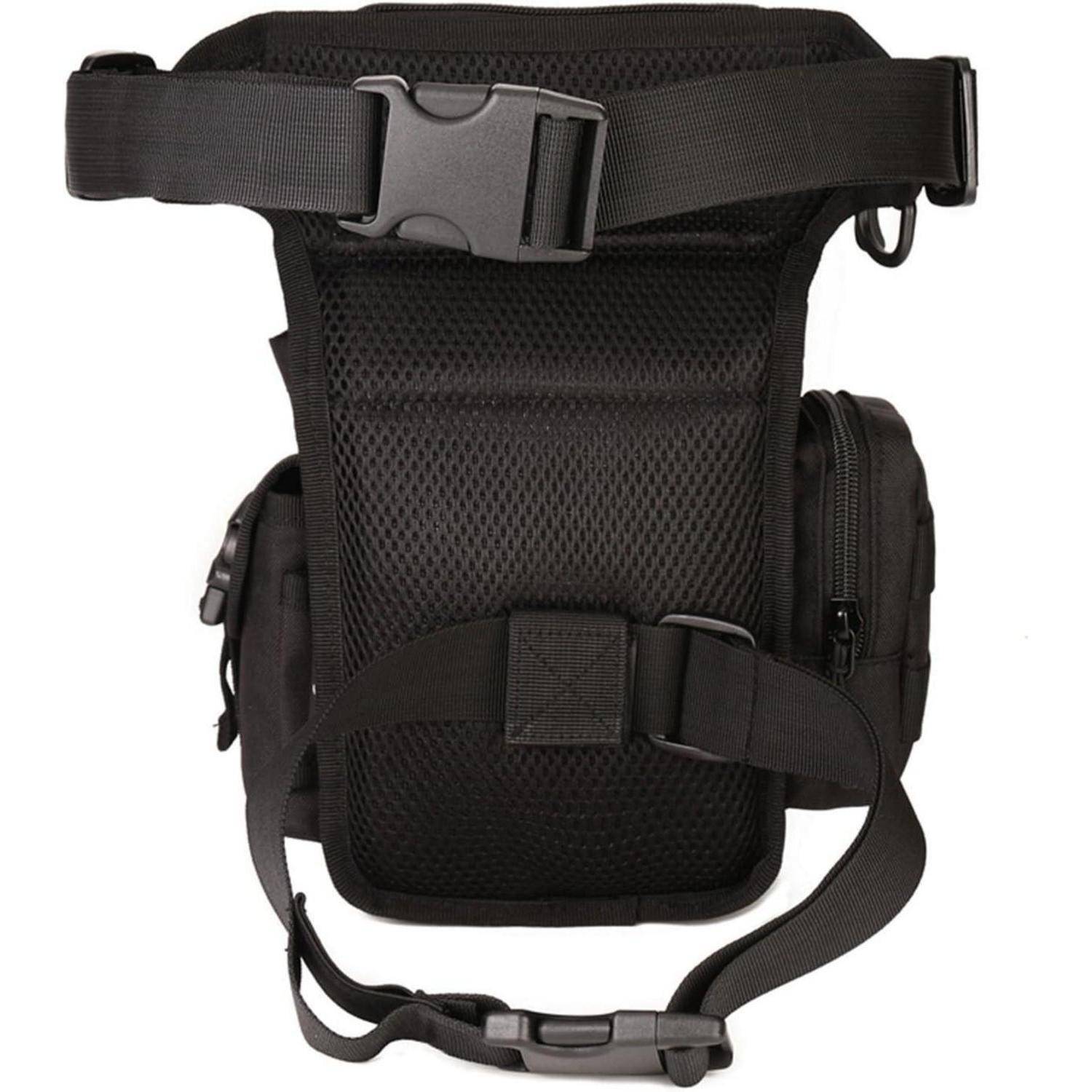 Schwarze taktische Oberschenkel-Einsatztasche mit verstellbaren Hüft- und Oberschenkelriemen, mehreren Reißverschlussseitentaschen, auf weißem Hintergrund dargestellt.