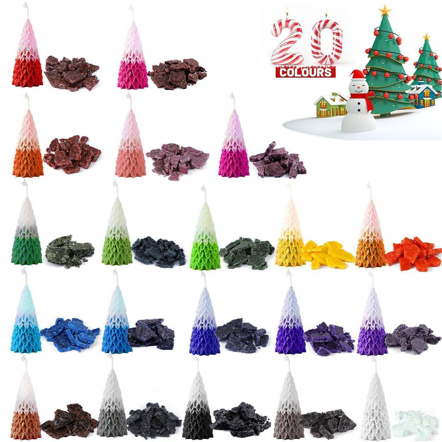 Gitter aus farbwechselnden Weihnachtsbaumkegeln mit passenden Farbmustern, plus einer kleinen „FARBEN