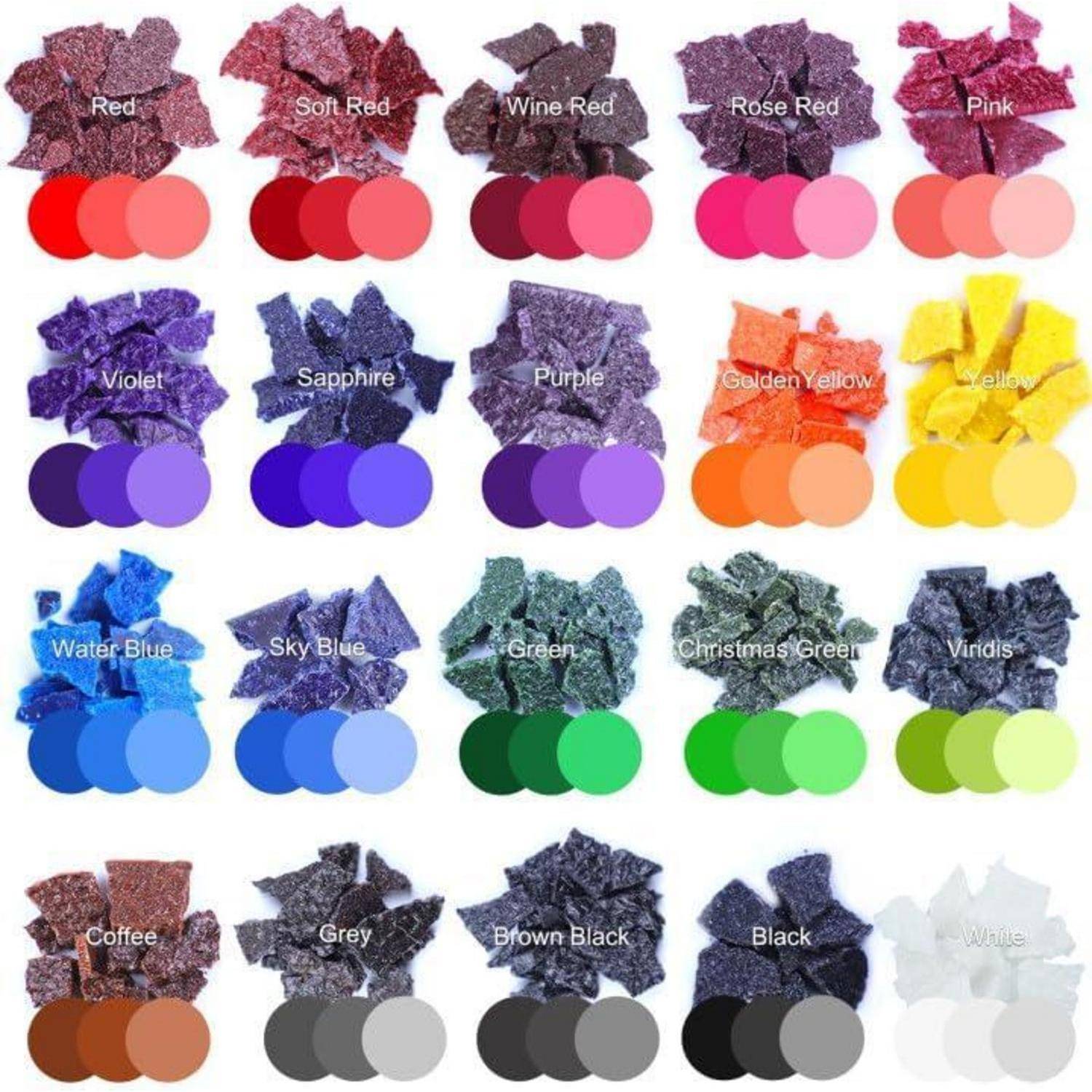 Farbmusterkarte mit 20 Glitterpigment-Tönen, beschriftet von Rot- und Rosatönen bis zu Blau-, Grün-, Braun-, Schwarz- und Weißtönen.