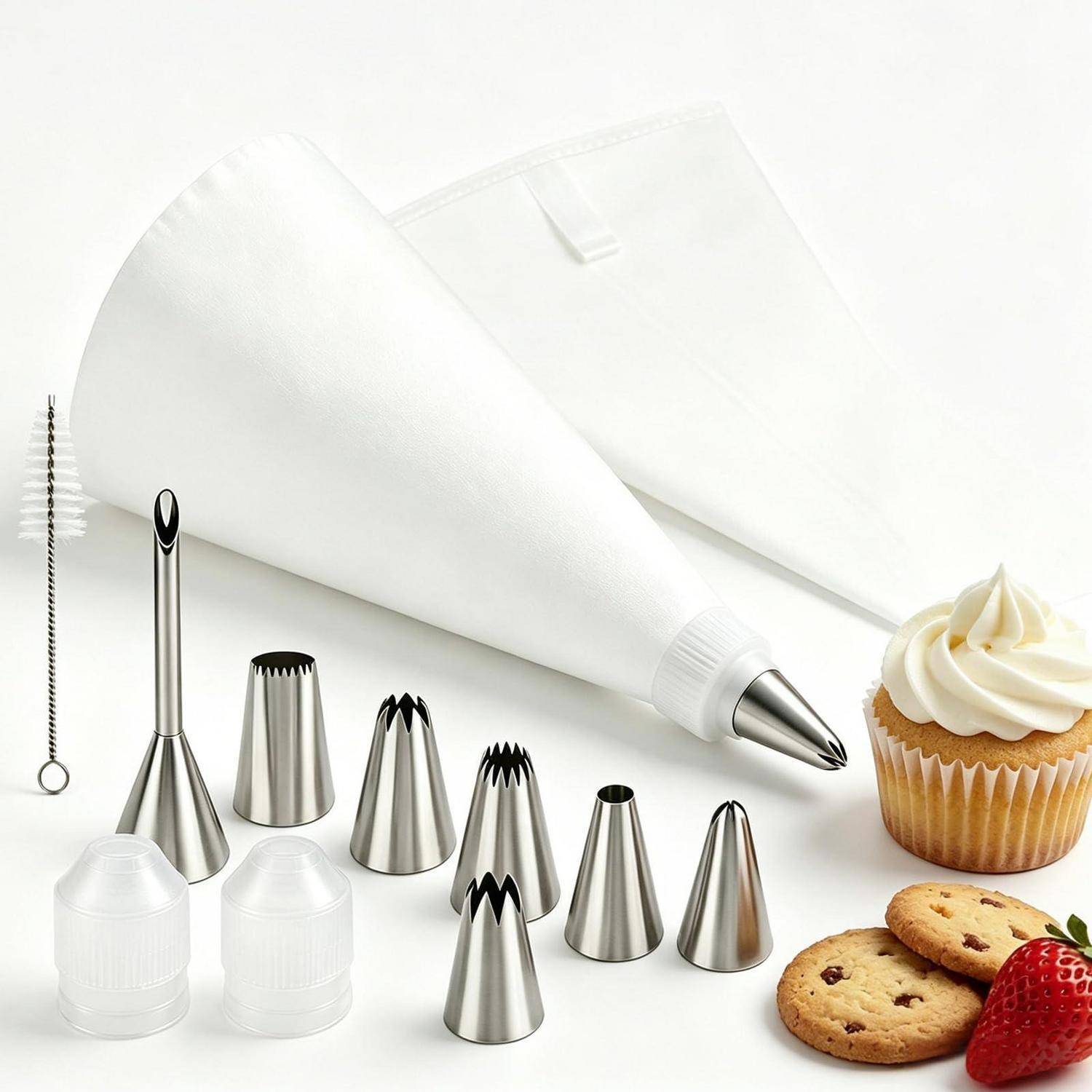 Spritzbeutel mit Metalldekorspitzen, einer Kupplung und Kunststoffkappen, dargestellt mit einem gefrorenen Cupcake, Keksen und einer Erdbeere auf weißem Hintergrund.