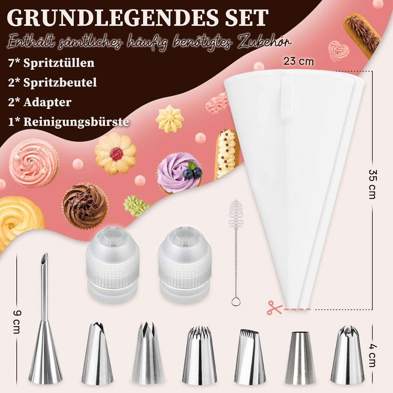 Illustriertes deutsches Backset mit Spritzbeutel mit dem Text „GRUNDLEGENDE SET