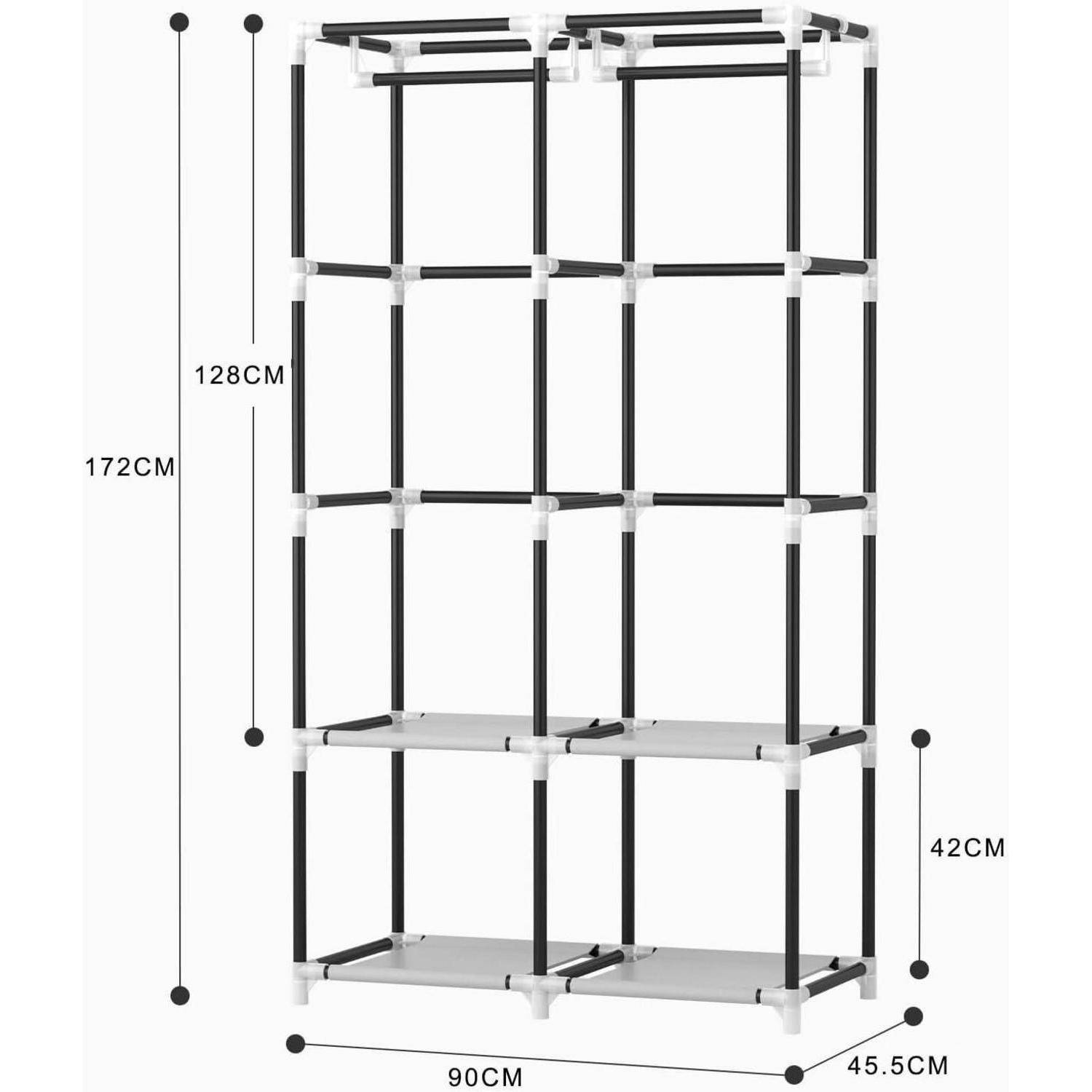 Schwarzes und weißes modulares Lagereigal mit beschrifteten Abmessungen: 172 cm hoch, 128 cm breit, 90 cm lang und 45,5 cm tief, mit einer Höhe des unteren Bereichs von 42 cm.