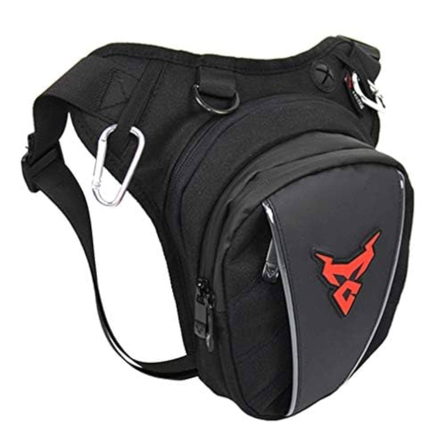Schwarze taktische Oberschenkeltasche mit verstellbarem Riemen, Seitenverschluss und vorderer Reißverschlusstasche mit rotem Logo.