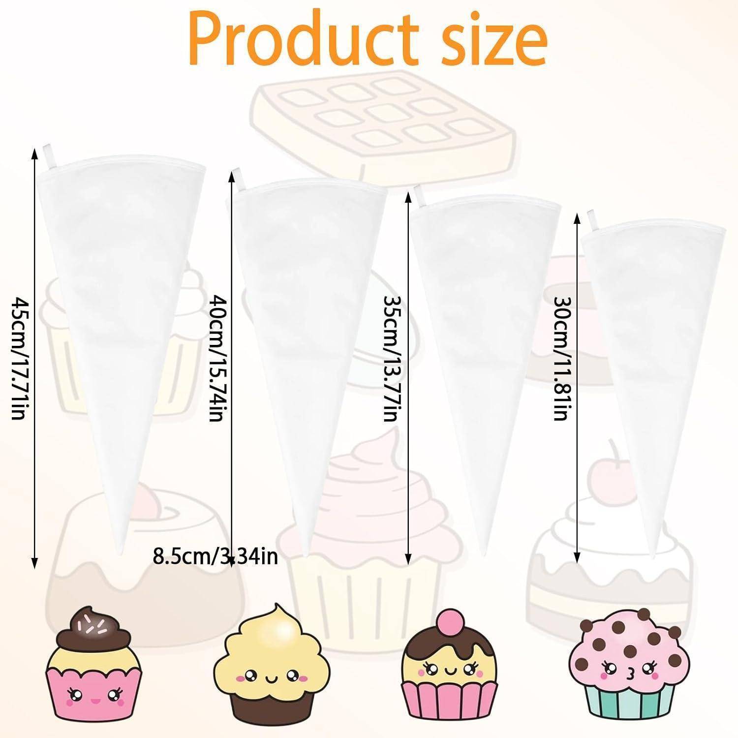 Produktgrößentabelle mit vier kegelförmigen Dessertbechern, beschriftet mit Höhen von 45 cm, 40 cm, 35 cm und 30 cm mit einer Basisbreite von 8,5 cm.