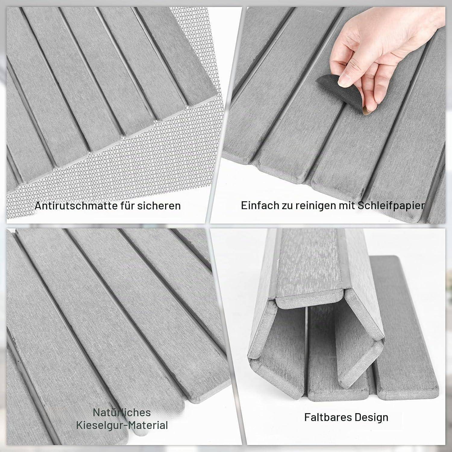Vier-Panel-Produktbild einer grauen faltbaren rutschfesten Matte, das Folgendes zeigt: strukturiertes Material, einfache Reinigung mit Schleifpapier und eine gefaltete Ecke für kompakte Lagerung.