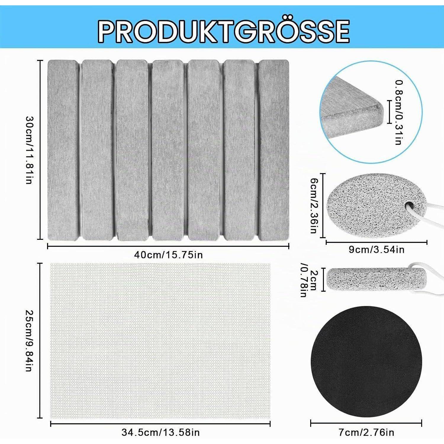 Produktgrößendiagramm zeigt graue Matten mit Abmessungen: 40 x 30 cm, 34,5 x 25 cm, 9 x 6 cm, 7 cm Durchmesser und 2,2 cm Länge.