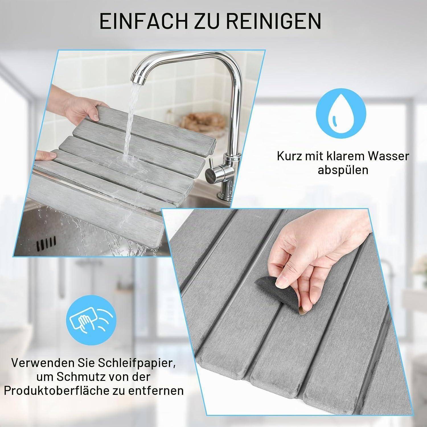 Anweisungsgrafik zeigt ein graues Lamellenprodukts, das mit Wasser gespült wird, dann sauberschliffen wird; Der Text sagt 'EINFACH ZU REINIGEN' und 'Kurz mit klarem Wasser abspülen' / 'Verwenden Sie Schleifpapier, um Schmutz von der Produktoberfläche zu entfernen'.