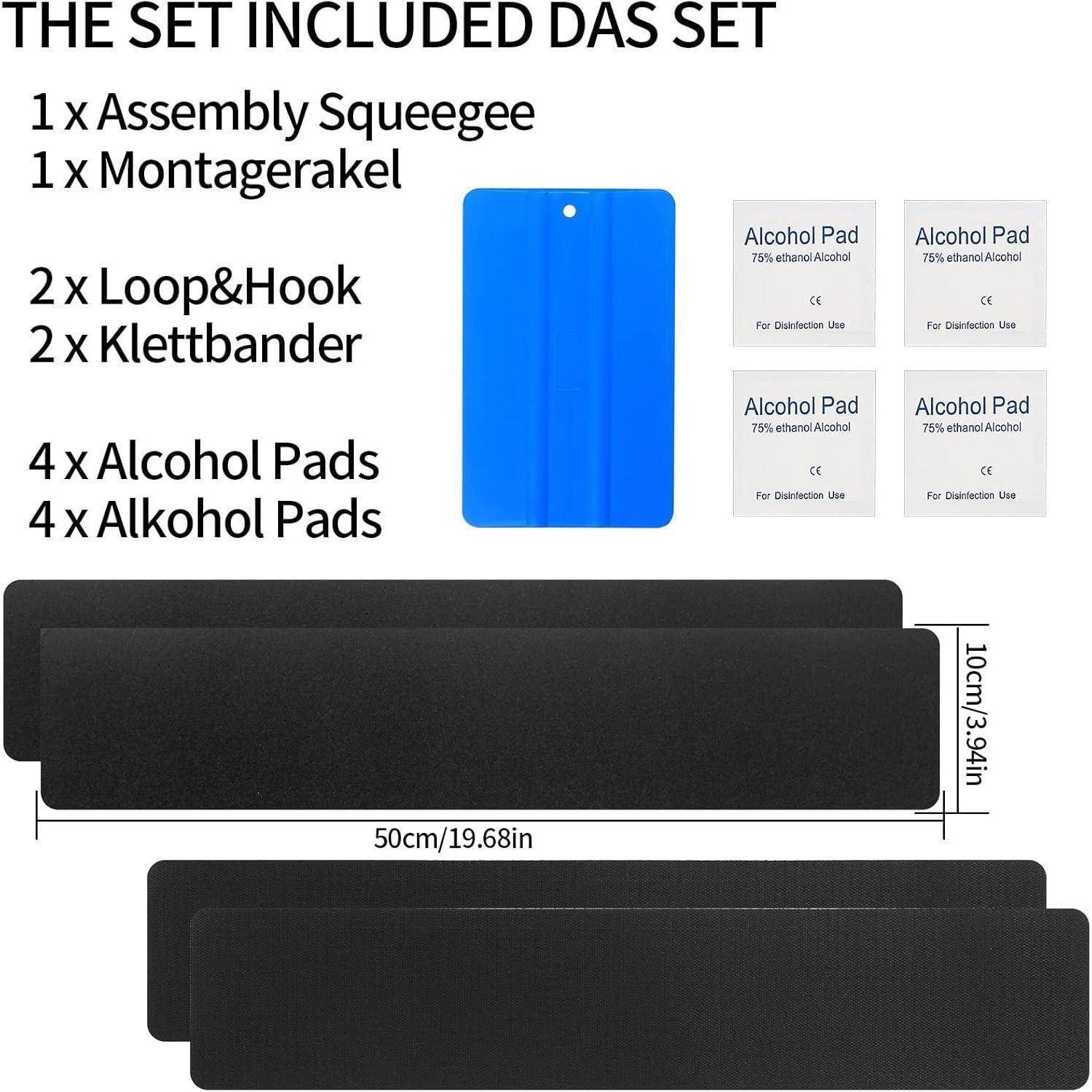 Das Set enthält 1 Montage-Rakel, 2 Klett-Streifen, 4 Alkoholtücher und zwei schwarze Streifen mit den Abmessungen 50 cm x 10 cm.