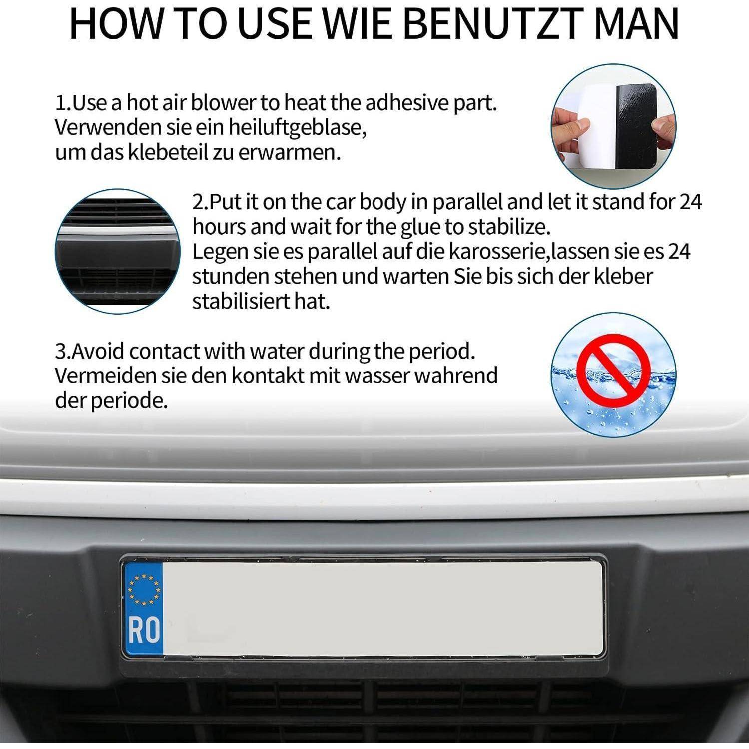 Anleitung für Autokennzeichen-Kleber: Mit einem Haartrockner erhitzen, parallel zur Karosserie anbringen, 24 Stunden warten und trocken halten.