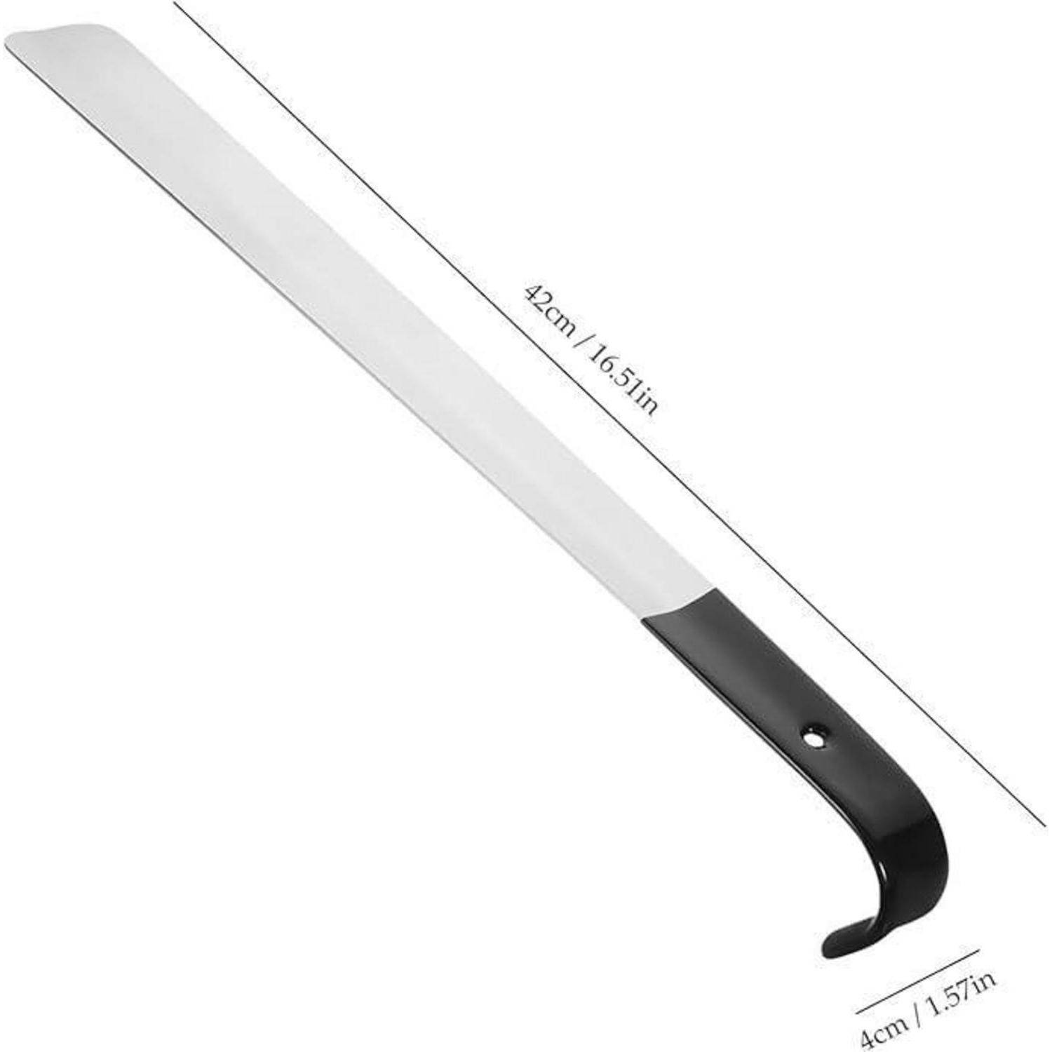 Lange Metallschaberkelle mit schwarzem Griff, gekennzeichnet mit 42 cm (16,5 Zoll) Länge und 4 cm (1,57 Zoll) Breite.