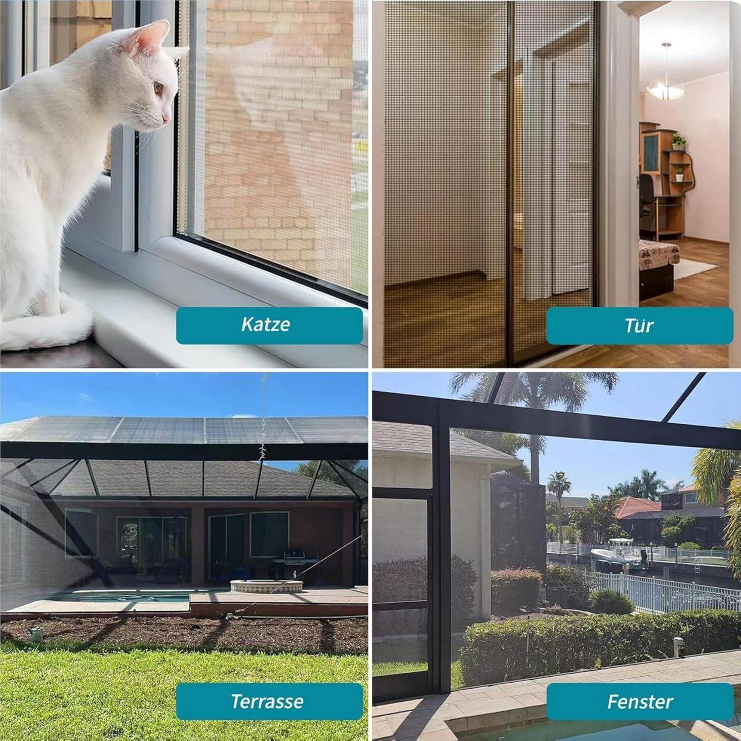 Vierfeld-Vergleich von Insektenschutzgittern: Katze neben einem Fenster, Screendoor zu einem Zimmer, überdachte Terrasse mit Gitter, und Screenfenster mit Blick auf einen Hof und Kanal.