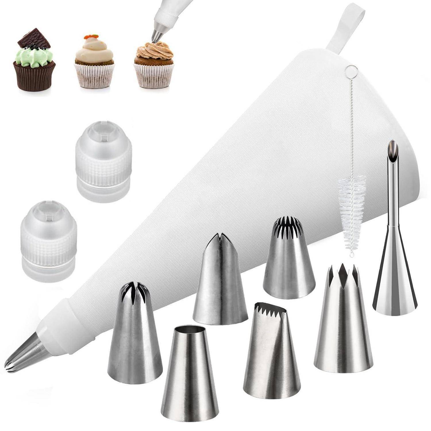 Spritzbeutel mit Metall- und Kunststoff-Spritztüllen zum Verzieren von Gebäck, plus Beispiele von glasierten Cupcakes und Werkzeugaufsätze in Form von Tüllen.