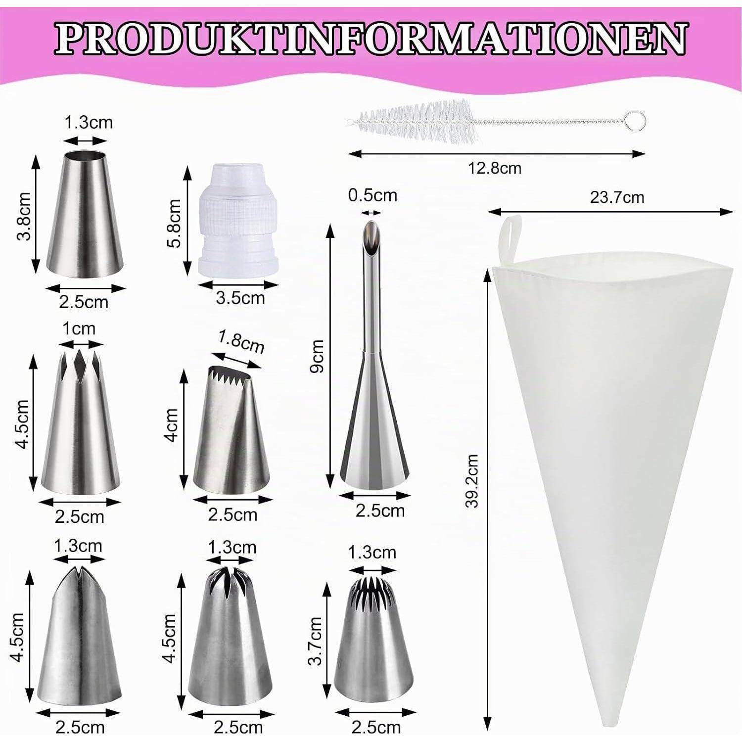 Produktinformationsdiagramm mit mehreren Gebäck-Spritztüllen und einer wiederverwendbaren Spritzbeutel mit ihren Abmessungen in Zentimetern.