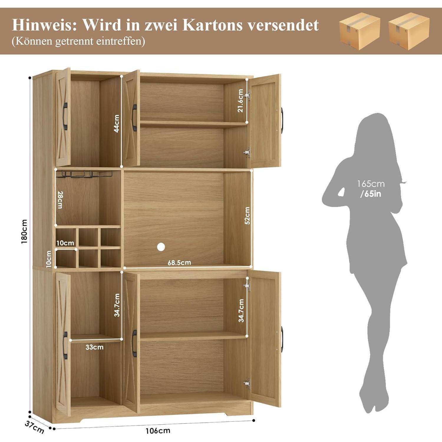 Schemadiagramm der Holzschrankmaße mit offenen Regalen und Türen, 106 cm breit, 180 cm hoch, 37 cm tief, mit einer 165 cm großen menschlichen Silhouette als Größenvergleich.