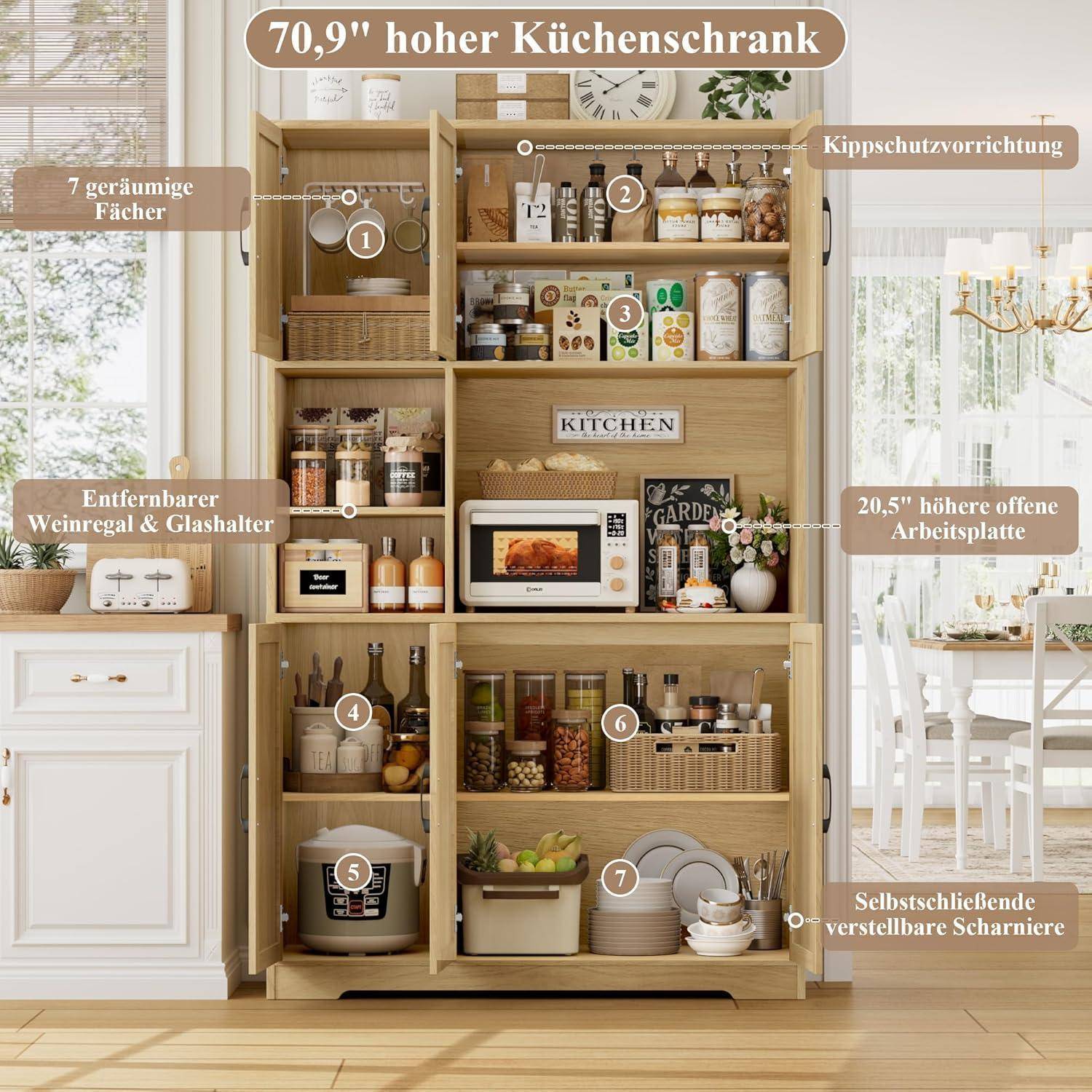 Holzküchen-Lagerschrank mit sieben Regalen und gekennzeichneten Funktionen, einschließlich einer Weinablage, Sicherheitsvorrichtung, erhöhter offener Arbeitsfläche und selbstschließenden verstellbaren Scharnieren.