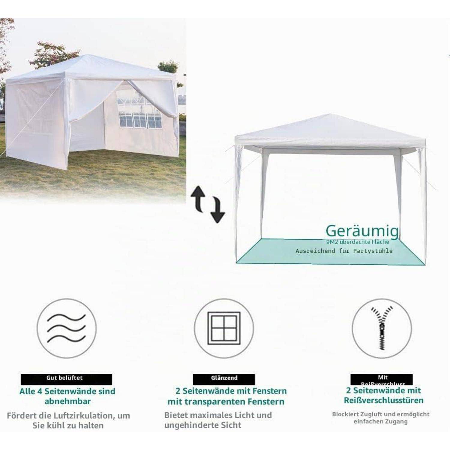 Faltbares weißes Partyzelt mit abnehmbaren Seitenwänden und Fenstern; das Diagramm zeigt Aufbau-/Belüftungsmerkmale und eine 9 m² große Fläche zur Nutzung als Partyzelt.
