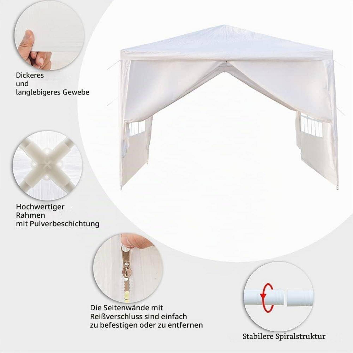 Weißes Popup-Baldachindach mit Funktionsanmerkungen: robustes, langlebiges Gewebe, pulverbeschichtetes Gestell, Seitenwände mit Reißverschluss und stabile Spiralstruktur.