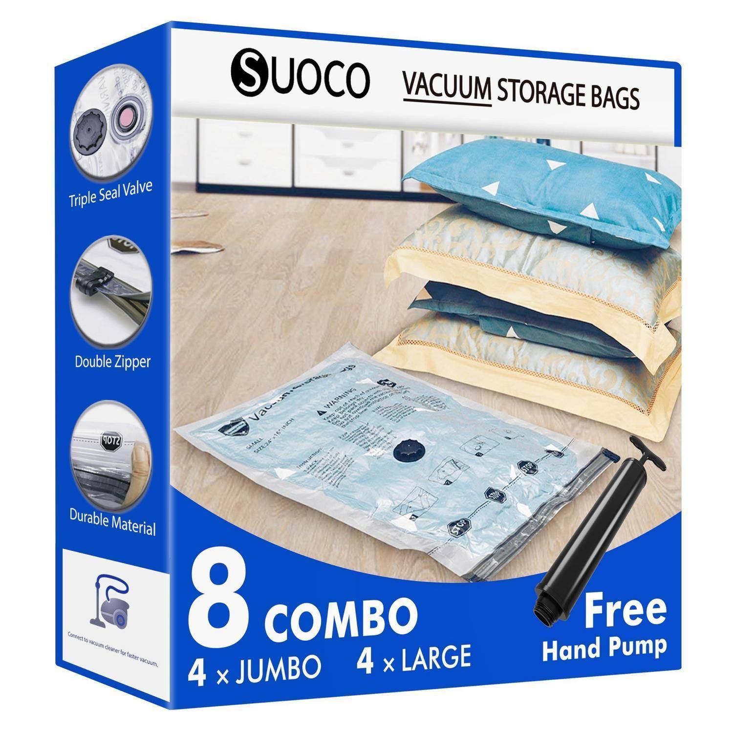 SUOCO Vakuumbeutel 8er Set (4x Jumbo, 4x Large) mit Handpumpe