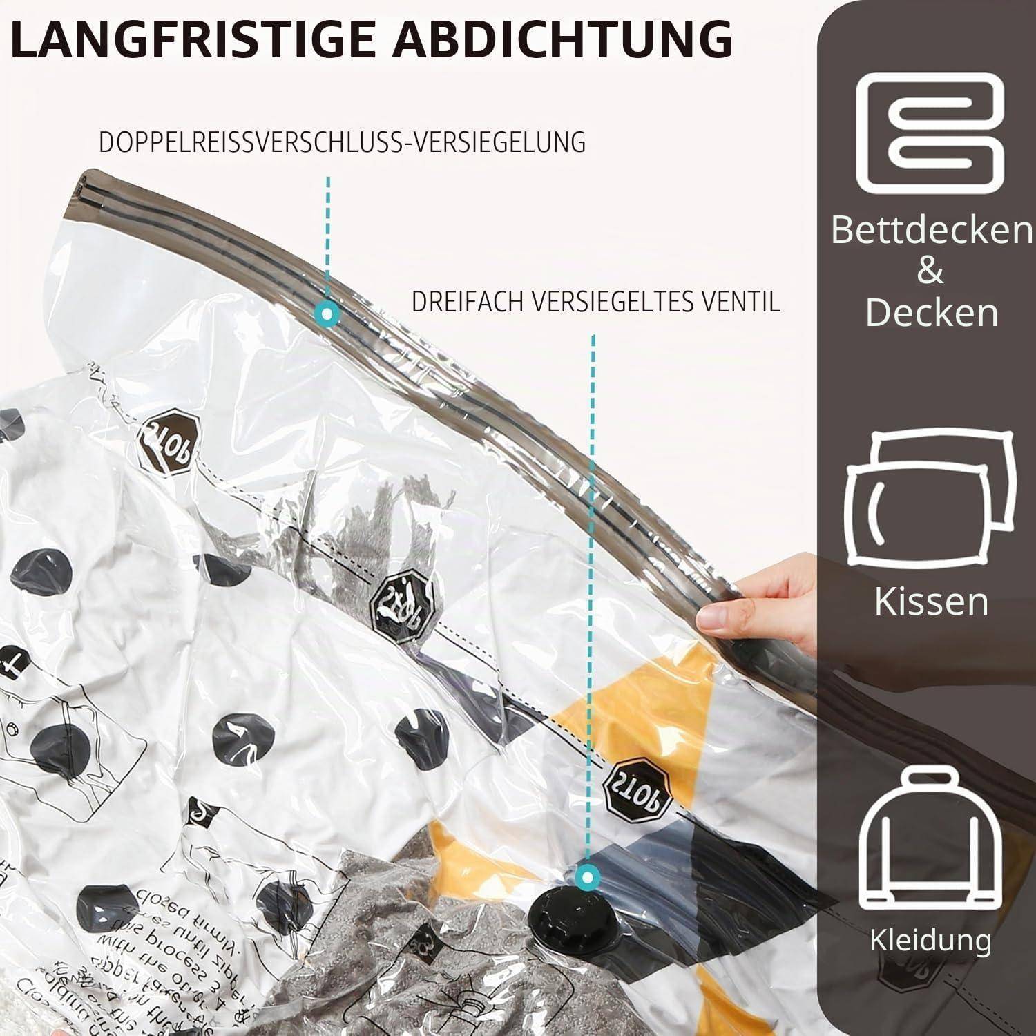 Illustration einer Vakuumlagerungstasche, die langfristige Versiegelung mit Doppelreißverschluss und dreifach abgedichtetem Ventil für Bettwäsche, Kissen und Kleidung zeigt.