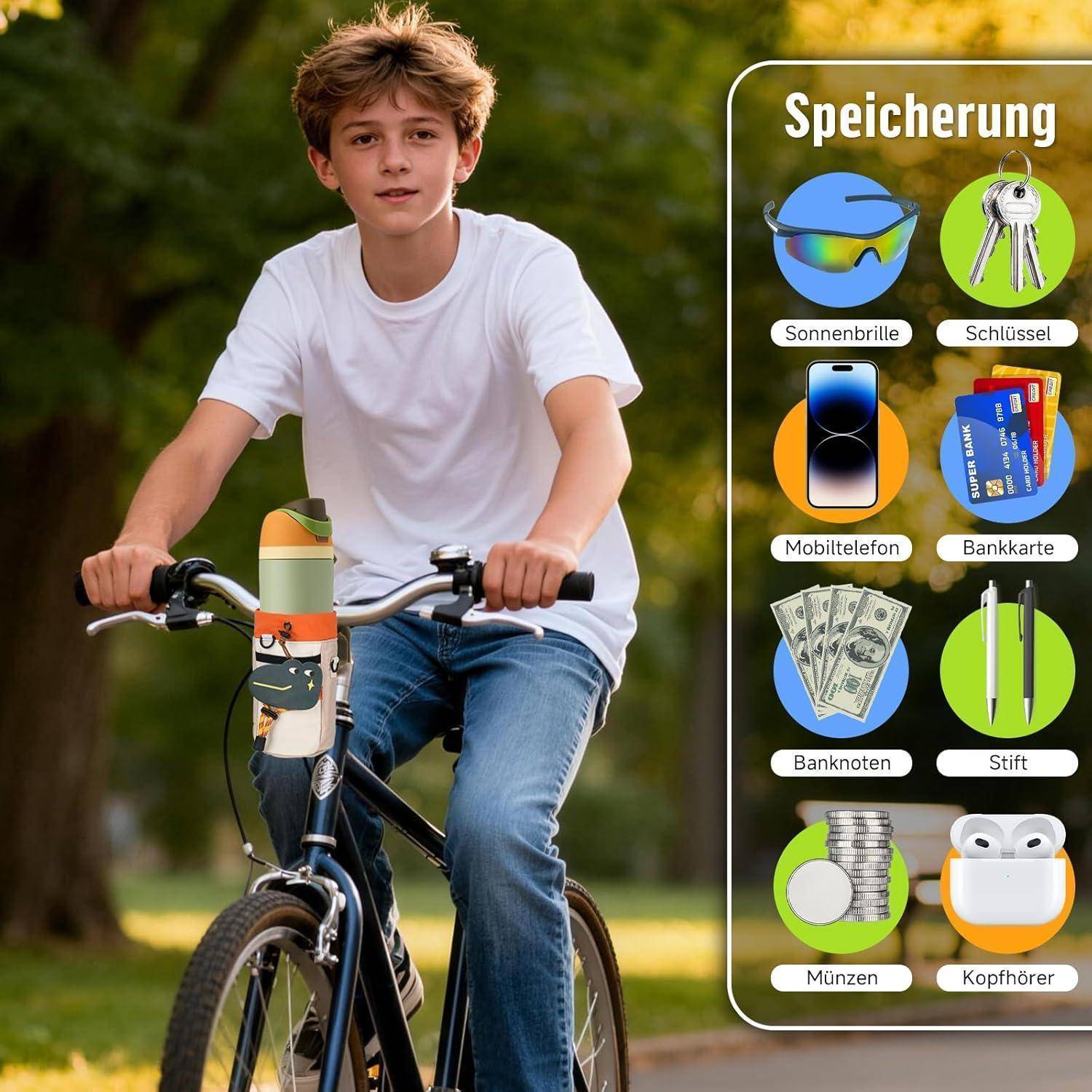Ein Teenager fährt Fahrrad mit einem vorne montierten Lagerbehälter; das Seitenpanel mit dem Titel „Speicherung